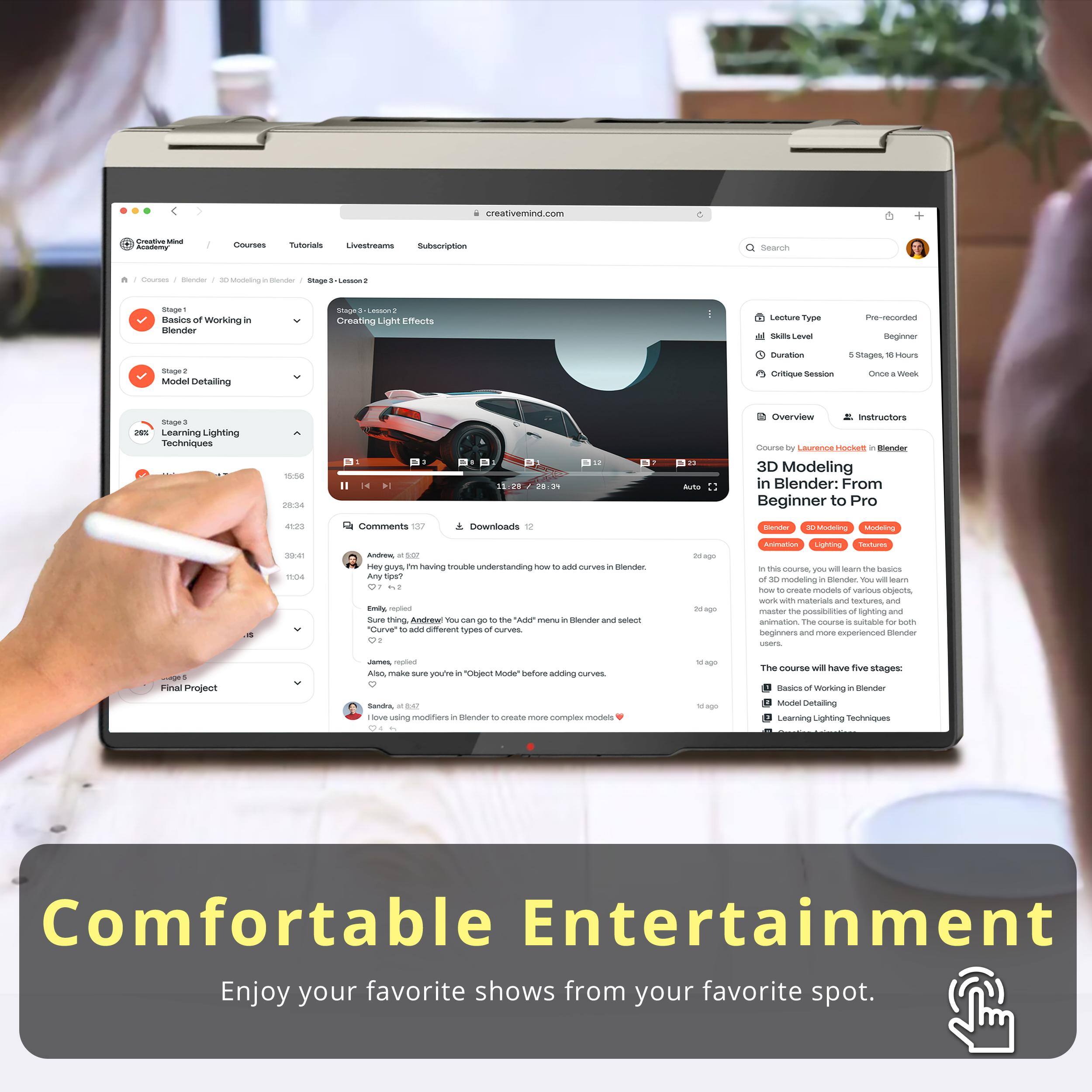 Sure, here is the corrected and grouped text:

---

**Website:**  
creativemind.com

**Courses:**

- **Stage 2 - Lesson 2**  
  - Basics of Working in Blender  
  - Model Detailing  
  - Stage 3 - Learning Lighting Techniques

**Lecture Type:**  
Pre-recorded

**Skills Level:**  
Beginner

**Duration:**  
5 stages, 30 hours  
Once a Week

**Critique Session:**  
Once a Week

**Overview:**  
Course by Lawrence Hookett  
3D Modeling in Blender: From Beginner to Pro

**Instructors:**  
Lawrence Hookett  
3D Modeling, Modeling, Blender, 3D, Tutorials, Software

**Course Description:**  
In this course, you will learn the basics of working with materials and textures, and how to create models of various objects, work with materials and textures, and animation. The course is suitable for both beginners and more experienced Blender users.

**The course will have five stages:**  
1. Basics of Working in Blender  
2. Model Detailing  
3. Learning Lighting Techniques

**Comments:**  
- Andrew #502  
  Hey guys, I'm having trouble understanding how to add