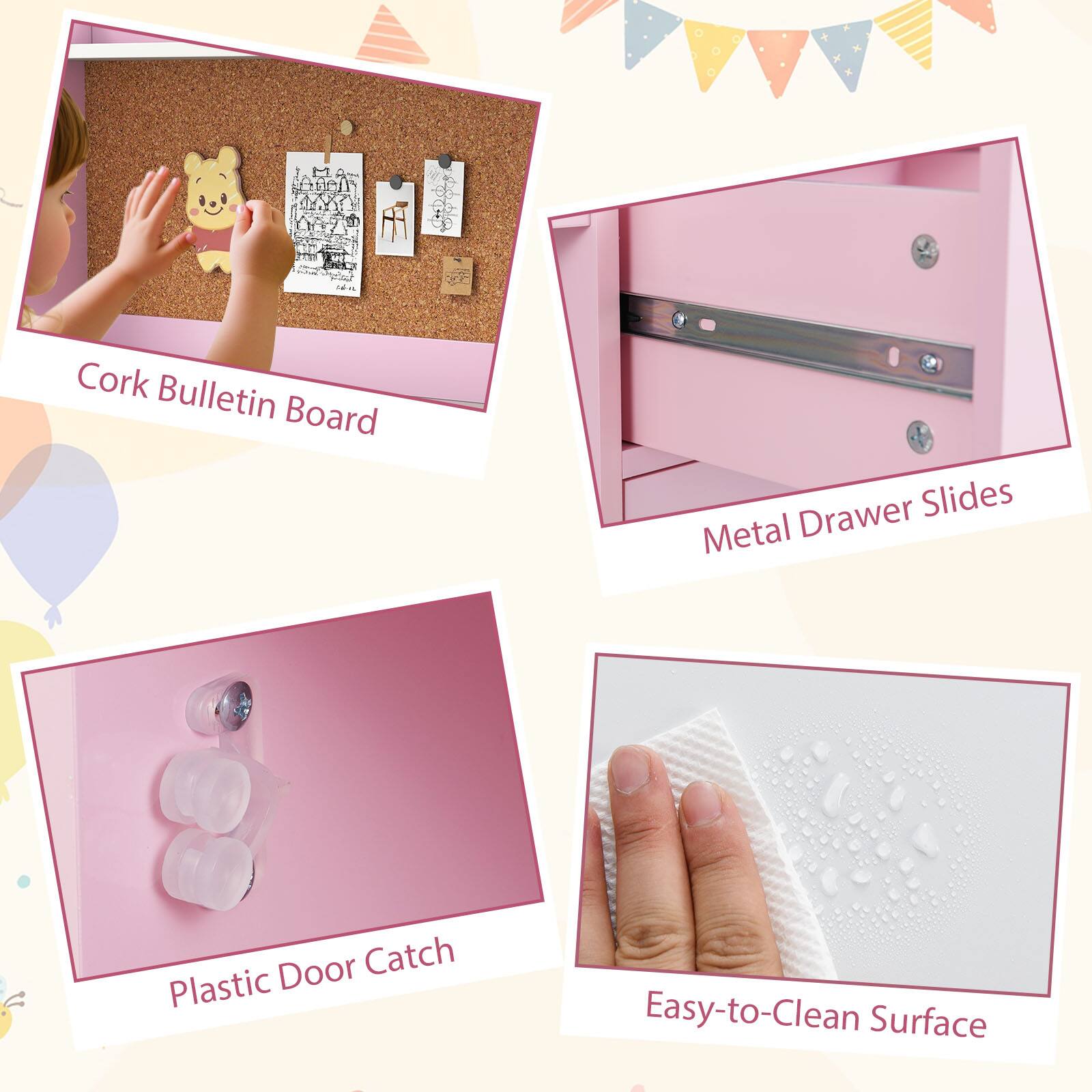 Cork Bulletin Board  
Metal Drawer Slides  
Plastic Door Catch  
Easy-to-Clean Surface