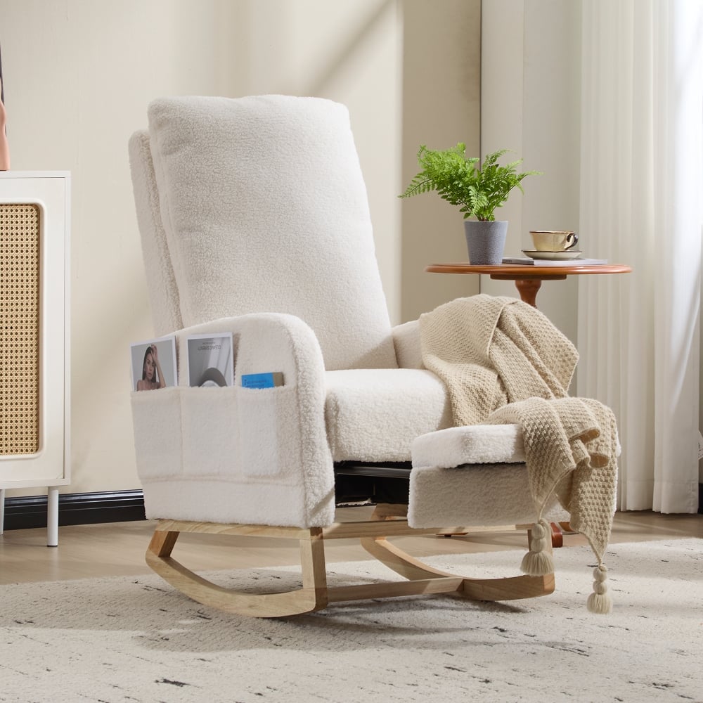 Loheer - Teddy Fleece Nursery Rocker Breastfeeding Glider Chair - White