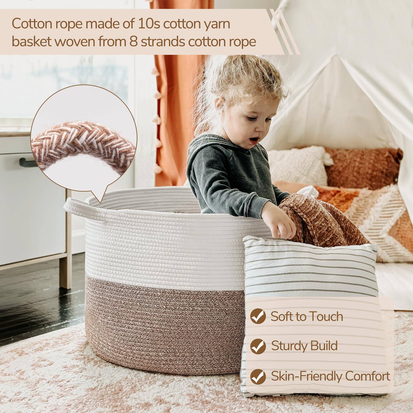 Cotton rope made of 10s cotton yarn  
basket woven from 8 strands cotton rope  

- Soft to Touch  
- Sturdy Build  
- Skin-Friendly Comfort