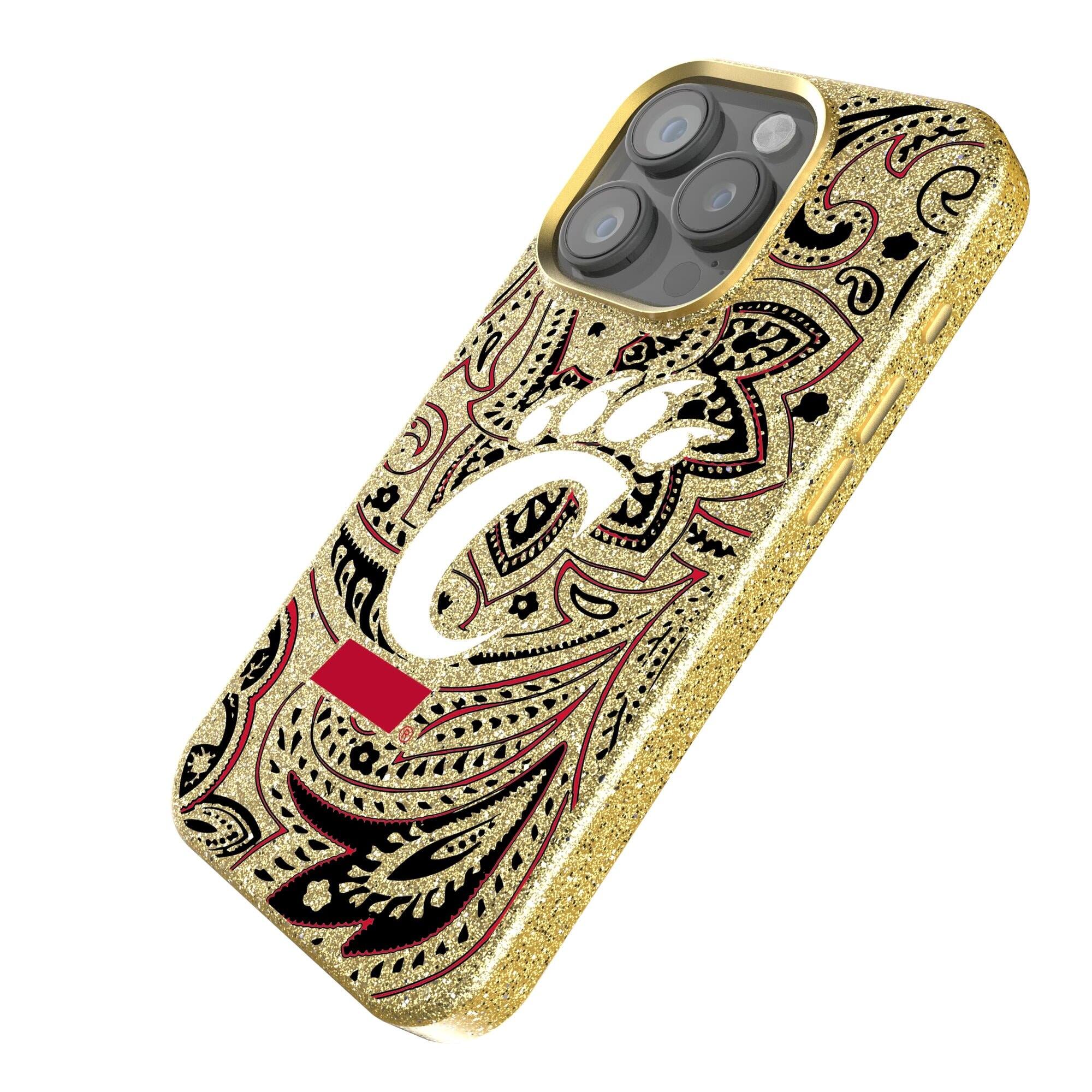 Alt View 1. Keyscaper - Cincinnati Bearcats Paisley Bling iPhone Case - 15 Pro Max - Gold.