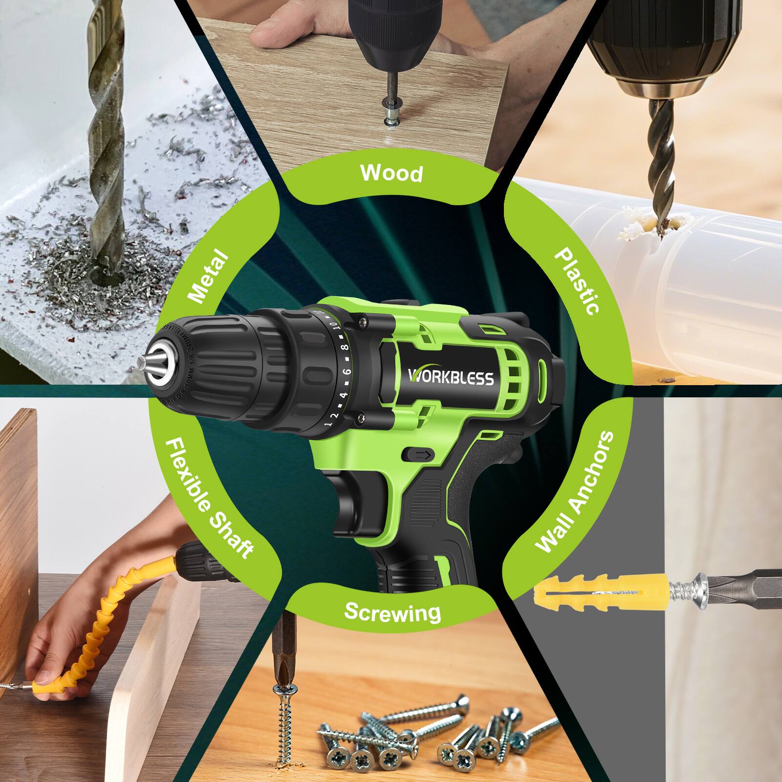 Wood Metal SUR Ww.5g J A Flexible Shaft - - of . . B..g2 6 - 4 Z - Plastic WORKBLESS Anchors Wall Screwing