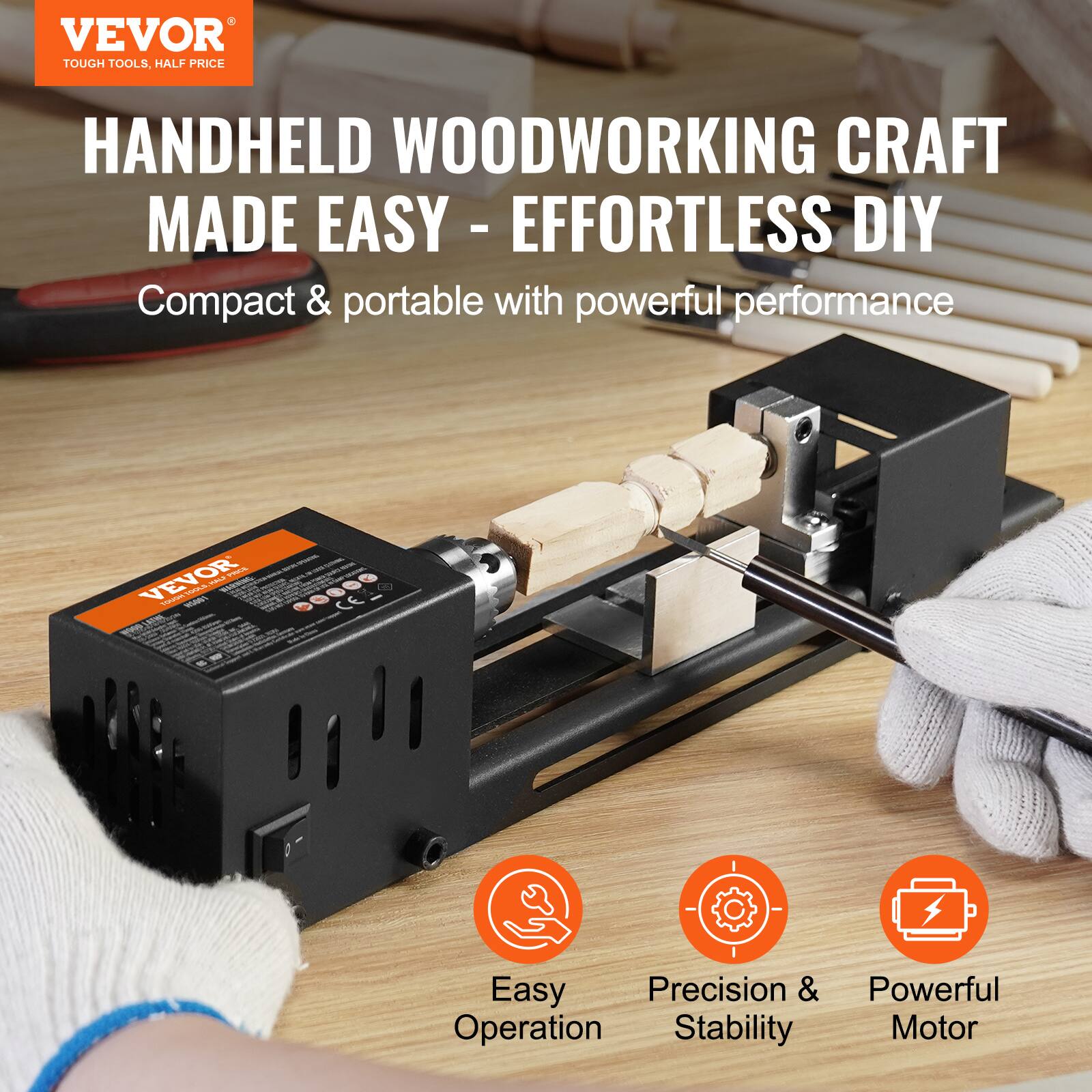 VEVOR  
TOUGH TOOLS, HALF PRICE  

HANDHELD WOODWORKING CRAFT  
MADE EASY - EFFORTLESS DIY  

Compact & portable with powerful performance  

Easy Operation  
Precision & Stability  
Powerful Motor