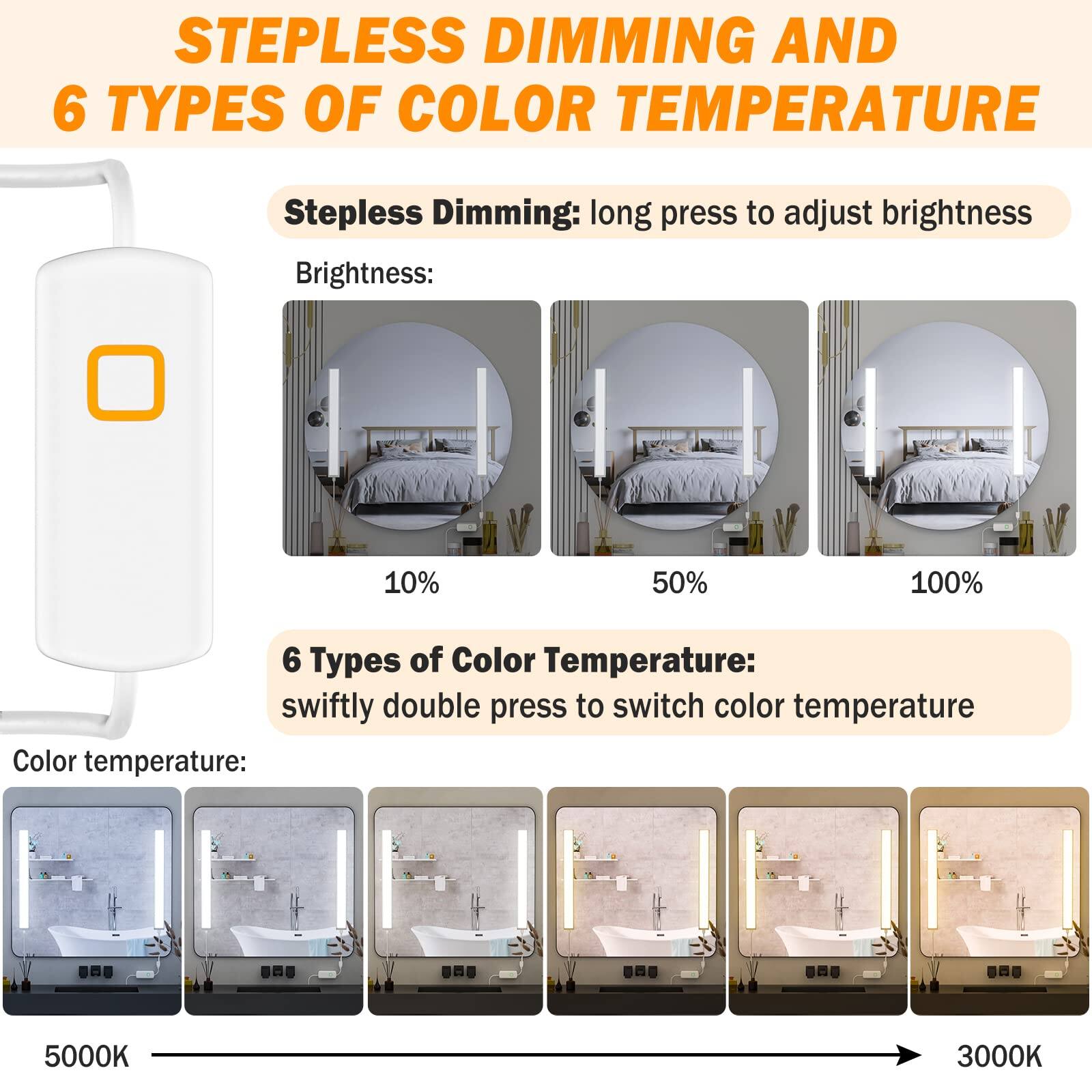 **Stepless Dimming and 6 Types of Color Temperature**

- **Stepless Dimming:** long press to adjust brightness
  - Brightness: 10% 50% 100%

- **6 Types of Color Temperature:** swiftly double press to switch color temperature
  - Color temperature: 5000K 3000K