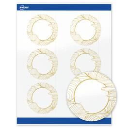 Avery - Labels, 3" Diameter, Glossy Gold Monstera Leaves - White