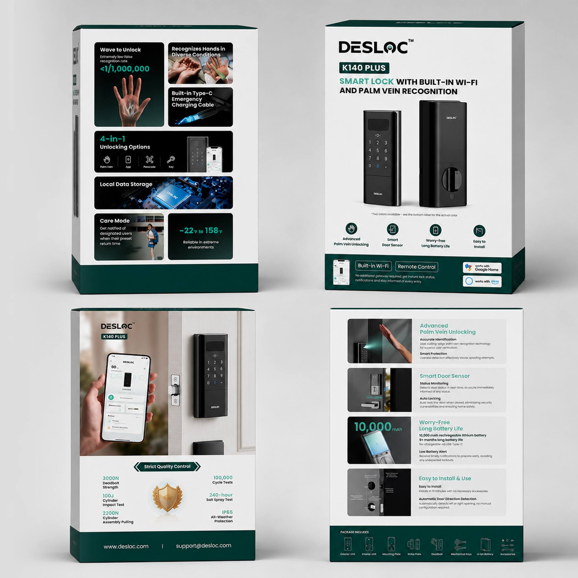 Wave to Unlock Recognizes Hands in Diverse Conditions Extremely - taton recogrition rate <1/1,000,000 Built-in Type-C Emergency Charging Cable TM DESLOC K140 PLUS SMART LOCK WITH BUILT-IN WI-FI AND PALM VEIN RECOGNITION NILA 4-in-1 Unlocking Options - - Local Data Storage DEN FC - Care Mode Den notified designated users when Dee preset Feturn time -22 to 158 Relialte estreme environments - COROr Advanced Smort Podm Viali Uniocking Essenvaor a - Worry-free Leng Borery Tory Instol Built-in Wi-FI Remote Control  golanty PRSUPIA ntore - E Aosfratons Vy Ilurmed Bay www  Google Home - ar DESLOC K140 PLUS Advanced Palm Vein Unlocking Accurote eScation - s Sechplogy 0 -L Smmian Protemin IaReN SAOURS spooting Smart Door Sensor SAELAS Monitering - - - UN tocking ameuting -oing sacurity voet 10,000 mAh Worry-Free Long Battery Life