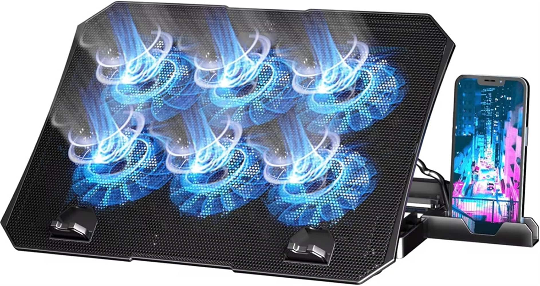 Luckbyte - 6-Fan Laptop Cooling Pad with LED Lights, Removable Phone Holder and 5 Adjustable Ergonomic Heights for 12-17"