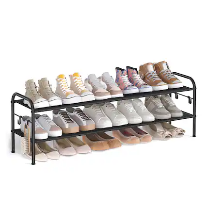 Front. Songmics Home - Shoe Rack, 2 Tier Shoe Organizer, Fabric Shoe Shelf Storage, Holds up to 12 Pairs of Shoes, Height-Adjustable - Ink Black.