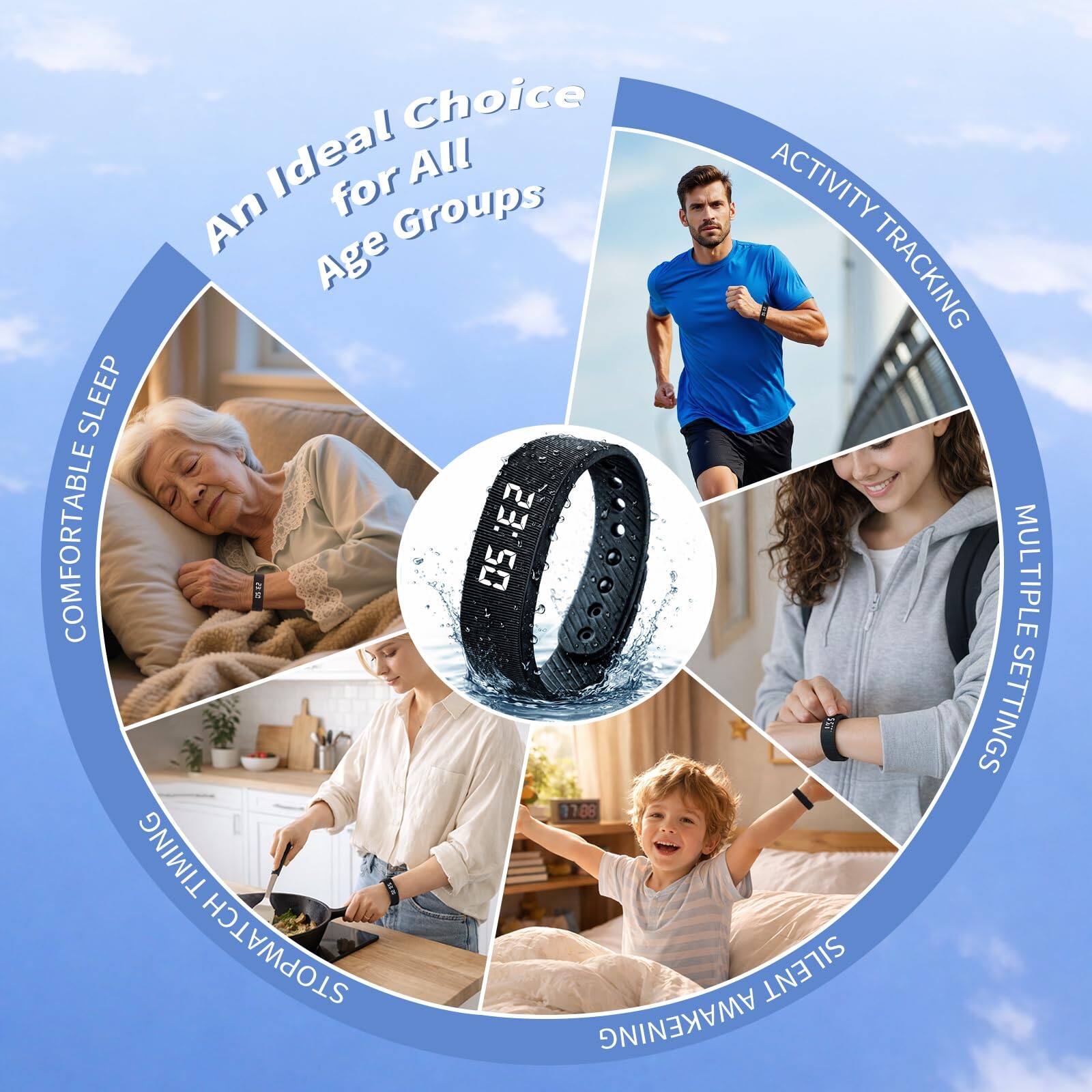 An Ideal Choice for All Age Groups

- COMFORTABLE SLEEP
- ACTIVITY TRACKING
- SILENT ALARM
- STOPWATCH
- SLEEP TIMING
- MULTIPLE SETTINGS