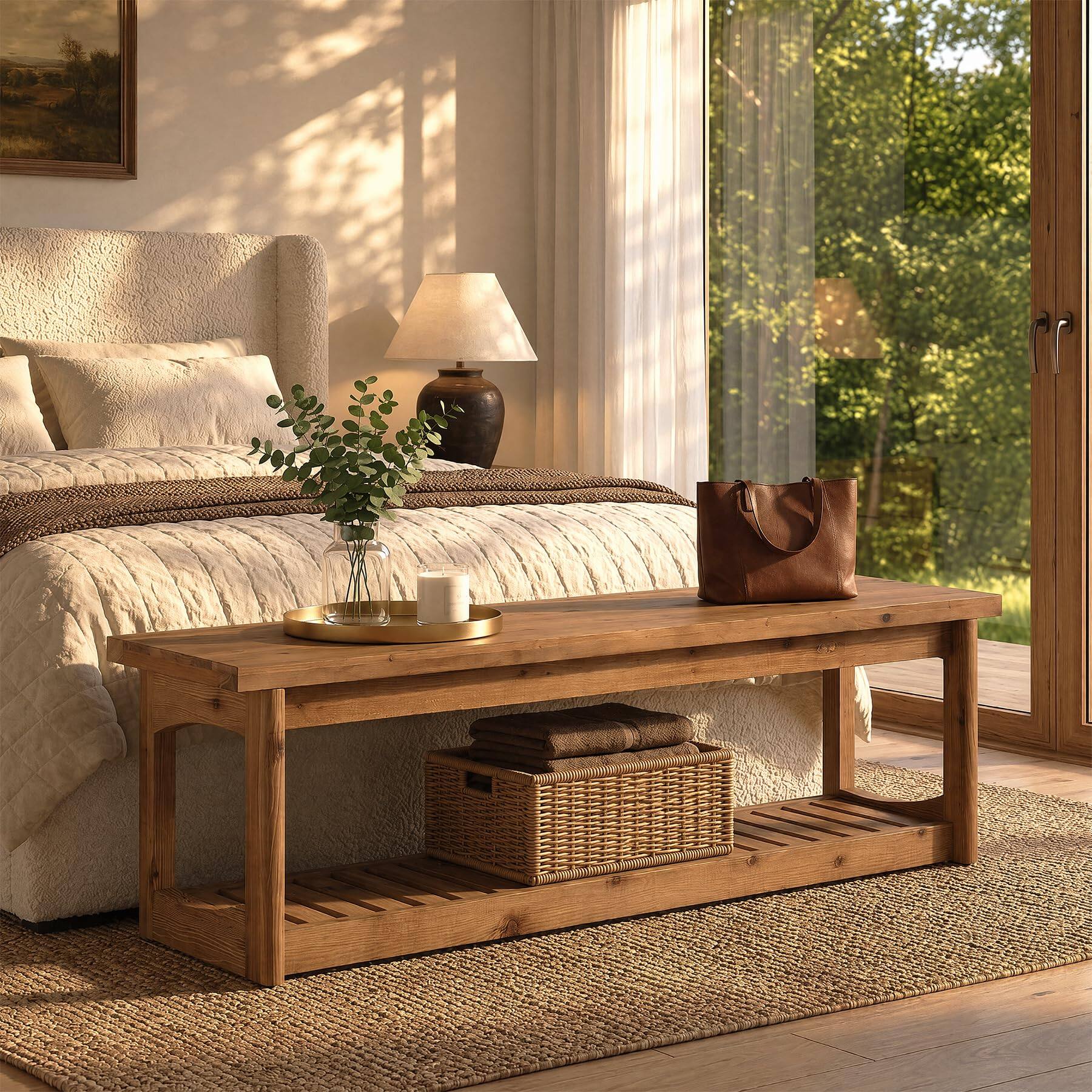 Alt View 4. Tribesigns - 63" Wooden Entryway Bench with Storage Shelves, 2-Tier Shoe Bench - Brown.