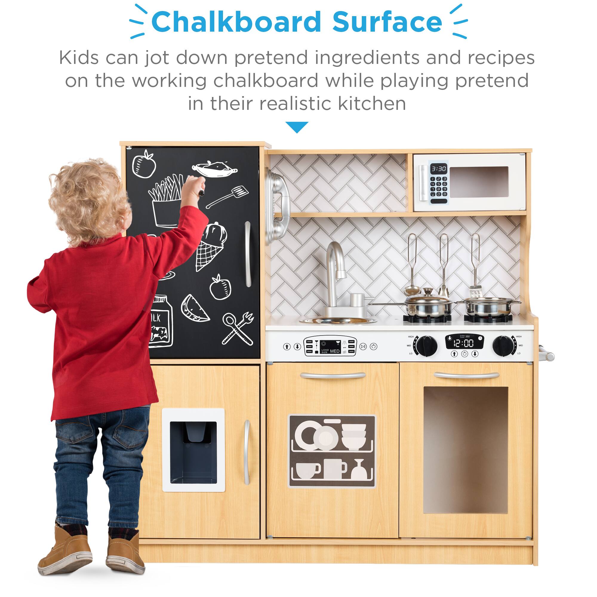 Chalkboard Surface

Kids can jot down pretend ingredients and recipes on the working chalkboard while playing pretend in their realistic kitchen.