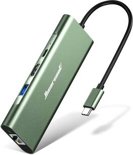 Hiearcool - 8-in-1 USB-C Hub with 4K@60Hz HDMI, 1Gbps Ethernet, 100W Power Delivery, USB 3.0, SD/TF Card Readers - Green