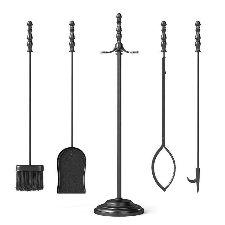 Angle. Mondawe - 5-Pieces Fireplace Tool Set with Poker Tongs Brush Shovel and Round Stand - Black.