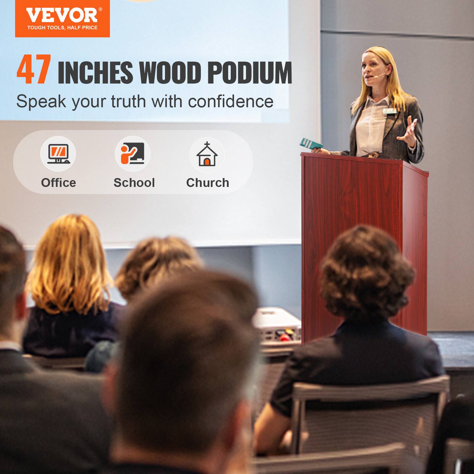 VEVOR TOUGH TOOLS. HALF PRICE 47 INCHES WOOD PODIUM Speak your truth with confidence. V/A Office, School, Church.