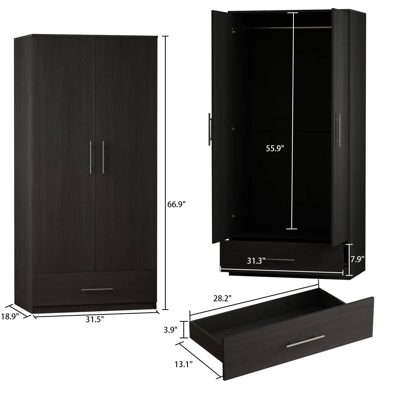 - Height: 66.9"
- Width: 31.5"
- Depth: 18.9"
- Drawer Height: 3.9"
- Drawer Depth: 13.1"
- Shelf Height: 55.9"
- Shelf Width: 31.3"
- Shelf Depth: 7.9"
- Drawer Width: 28.2"