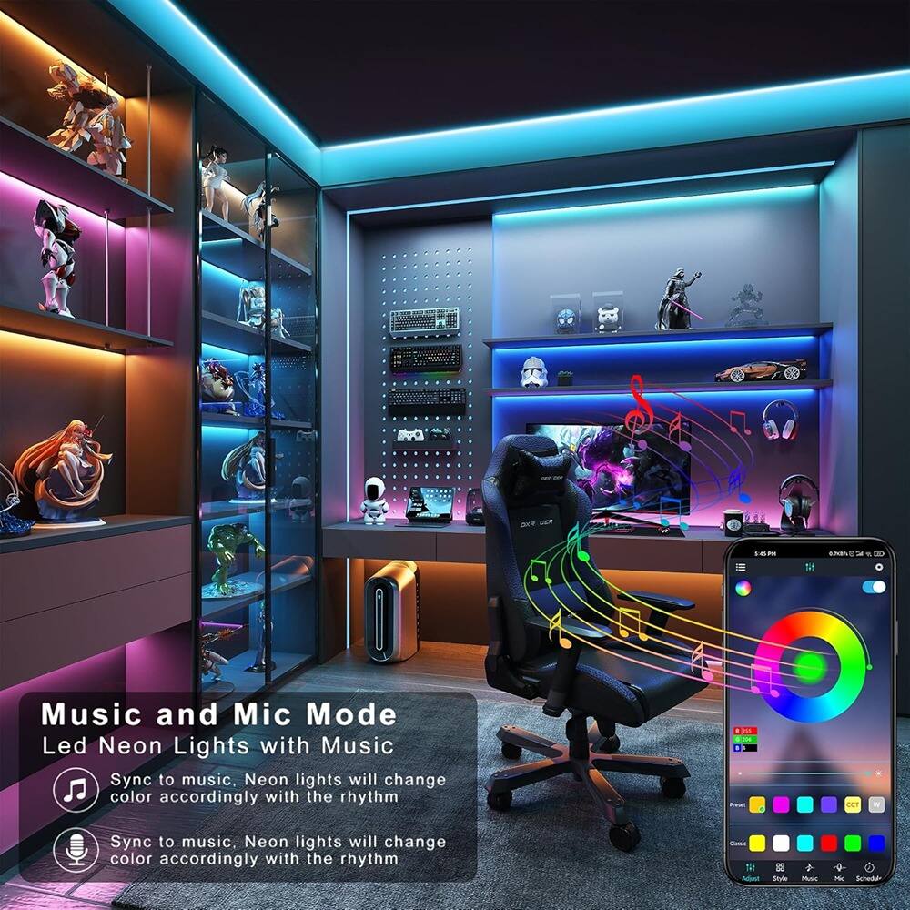 Music and Mic Mode  
Led Neon Lights with Music

- Sync to music. Neon lights will change color accordingly with the rhythm
- Sync to music. Neon lights will change color accordingly with the rhythm