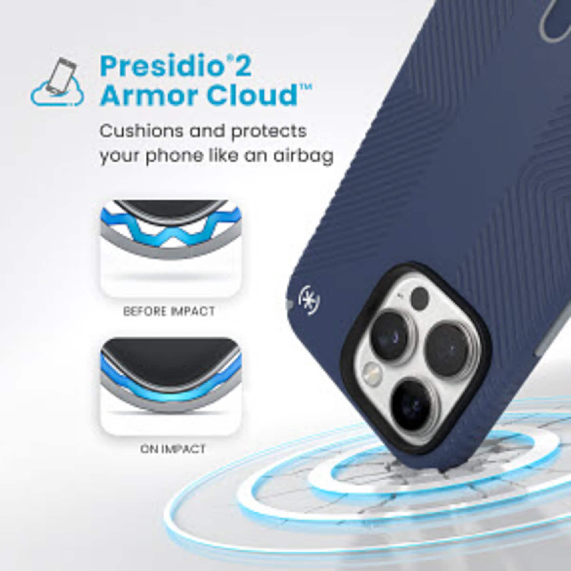 Presidio 2 Armor Cloud: Cushions and protects your phone like an airbag. Before impact. On impact.