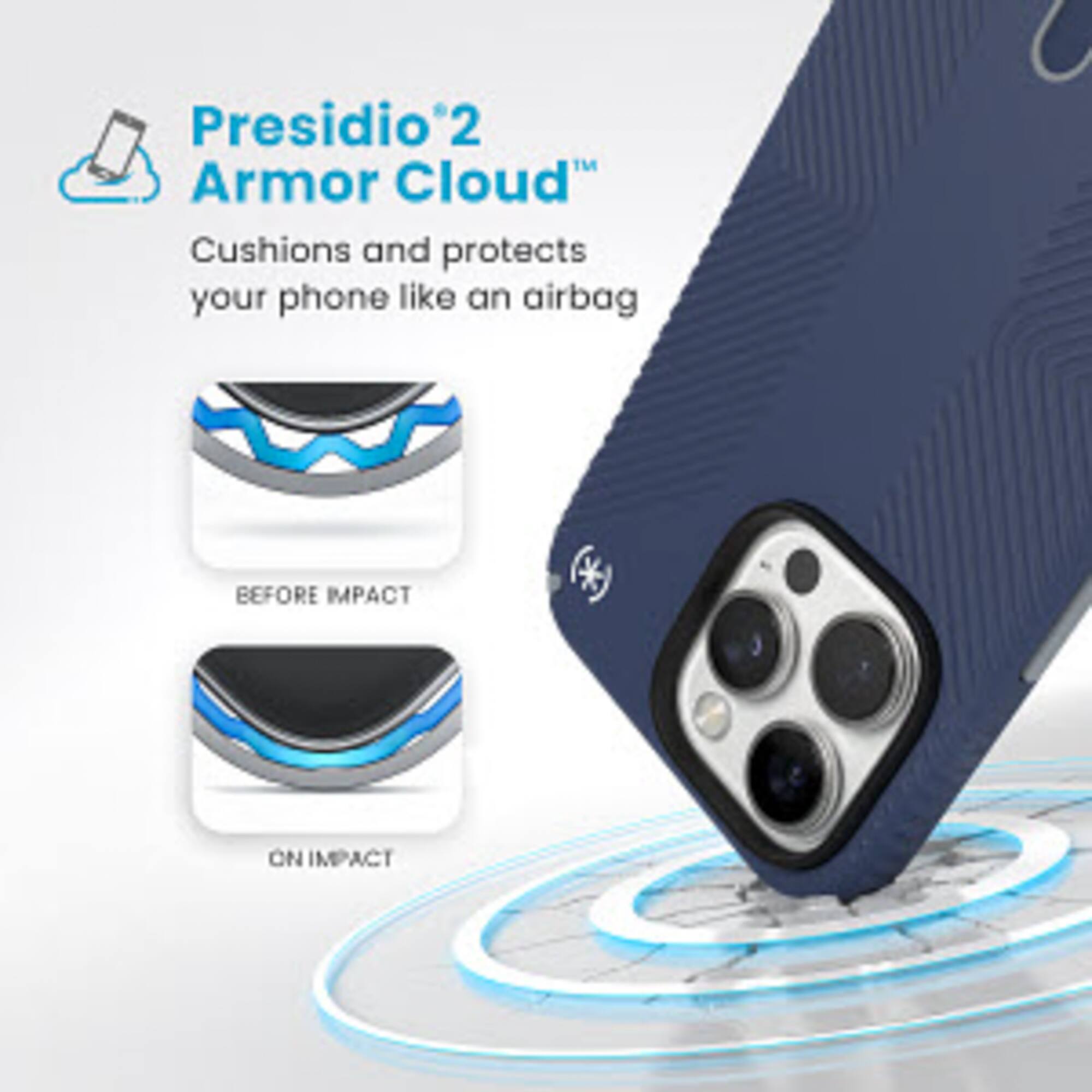 Presidio 2 Armor Cloud: Cushions and protects your phone like an airbag. Before impact. On impact.