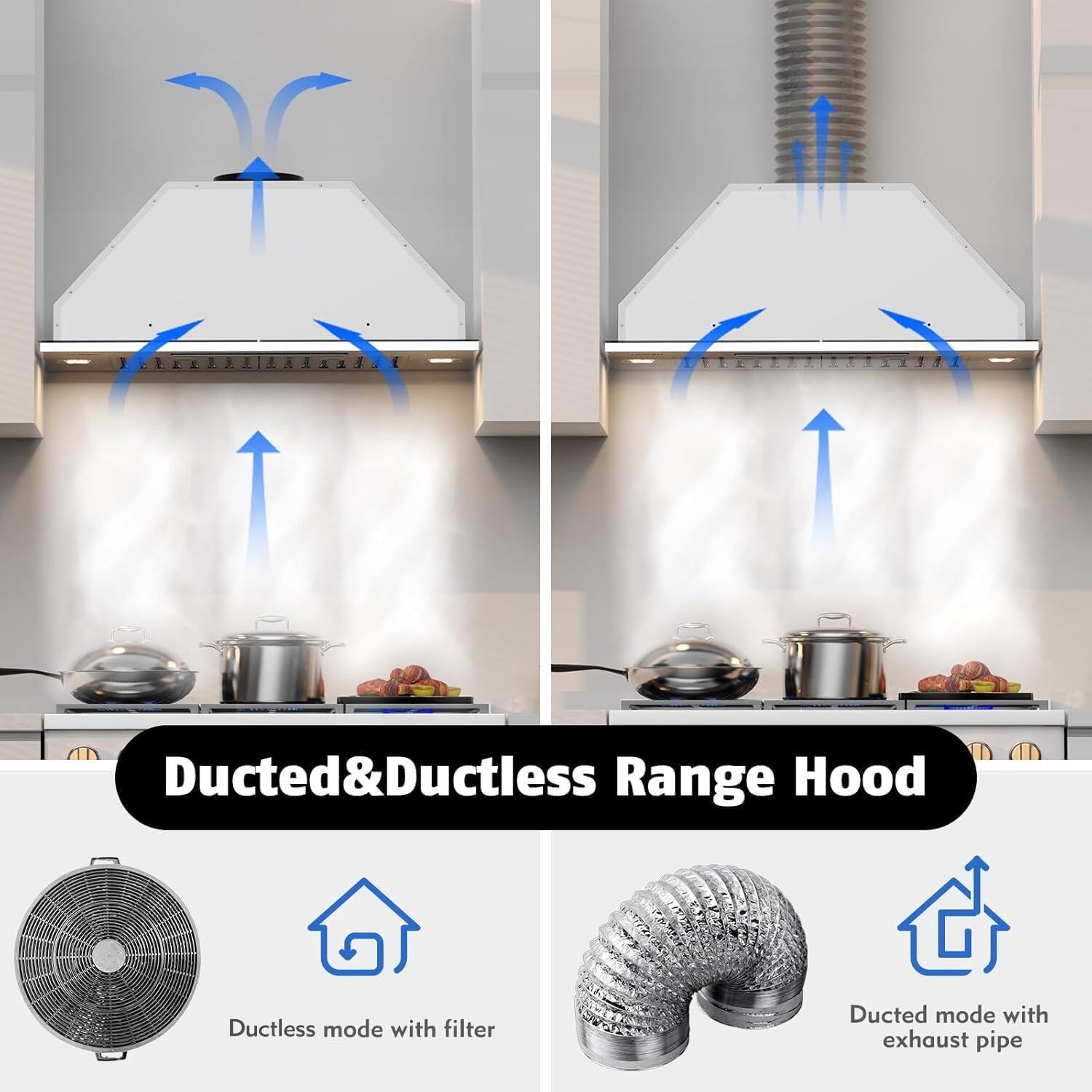 Ducted & Ductless Range Hood

- Ductless mode with filter
- Ducted mode with exhaust pipe