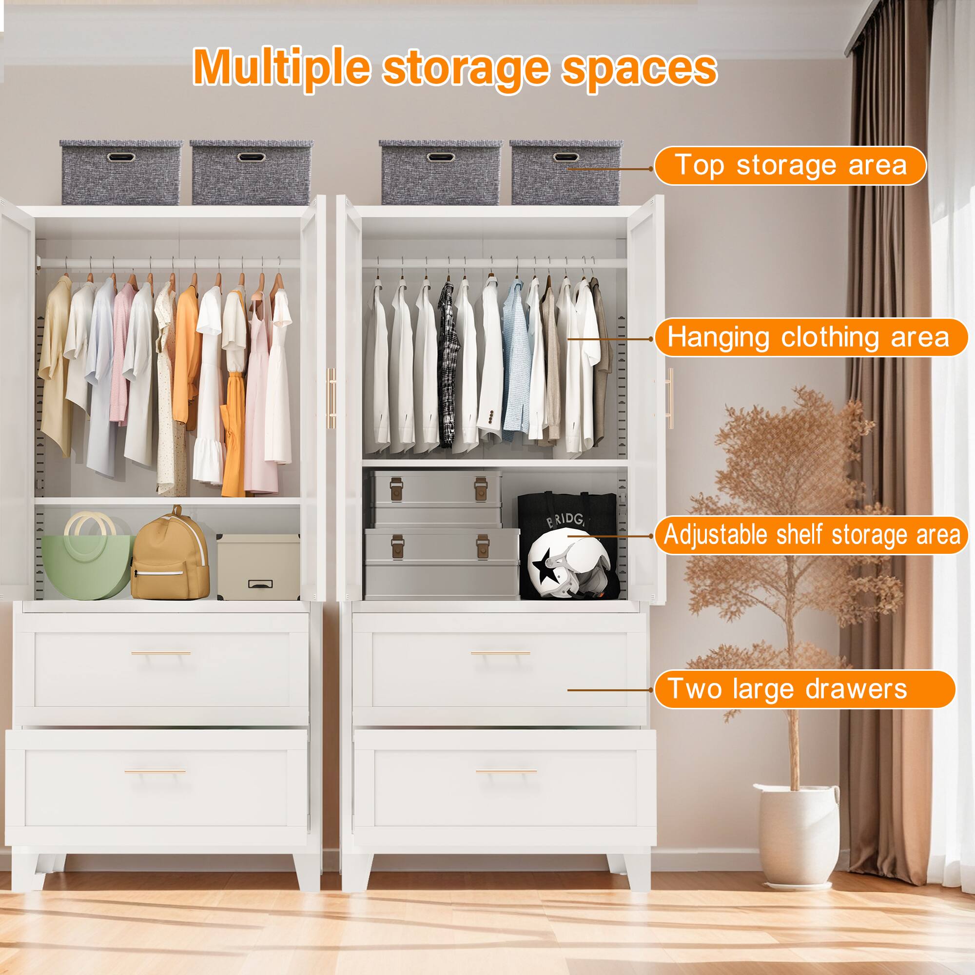 Multiple storage spaces

- Top storage area
- Hanging clothing area
- Adjustable shelf storage area
- Two large drawers