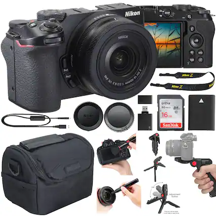 - Nikon Z DX 16-50mm VR 1:3.5-6.3
- Nikon Z
- Nikon EN-EL25
- SanDisk Ultra 16 GB
- Nikon Z Lens Cap
- Nikon Z Lens Hood
- Camera Bag
- USB Cable
- Tripod
- Adjustment Button
- Camera Strap
- Camera Remote
- Camera Lens Cap