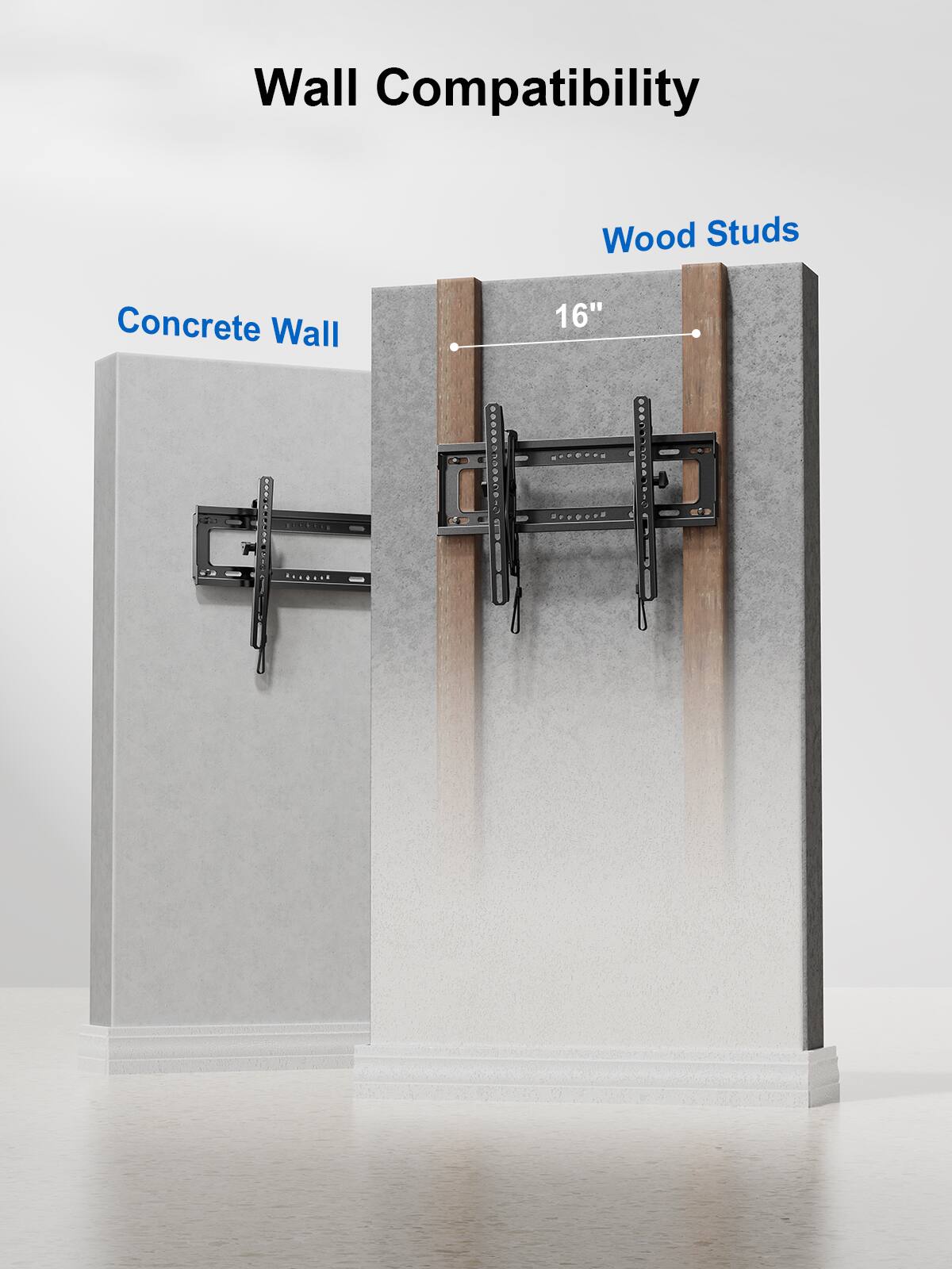 Wall Compatibility

Concrete Wall

Wood Studs

16"