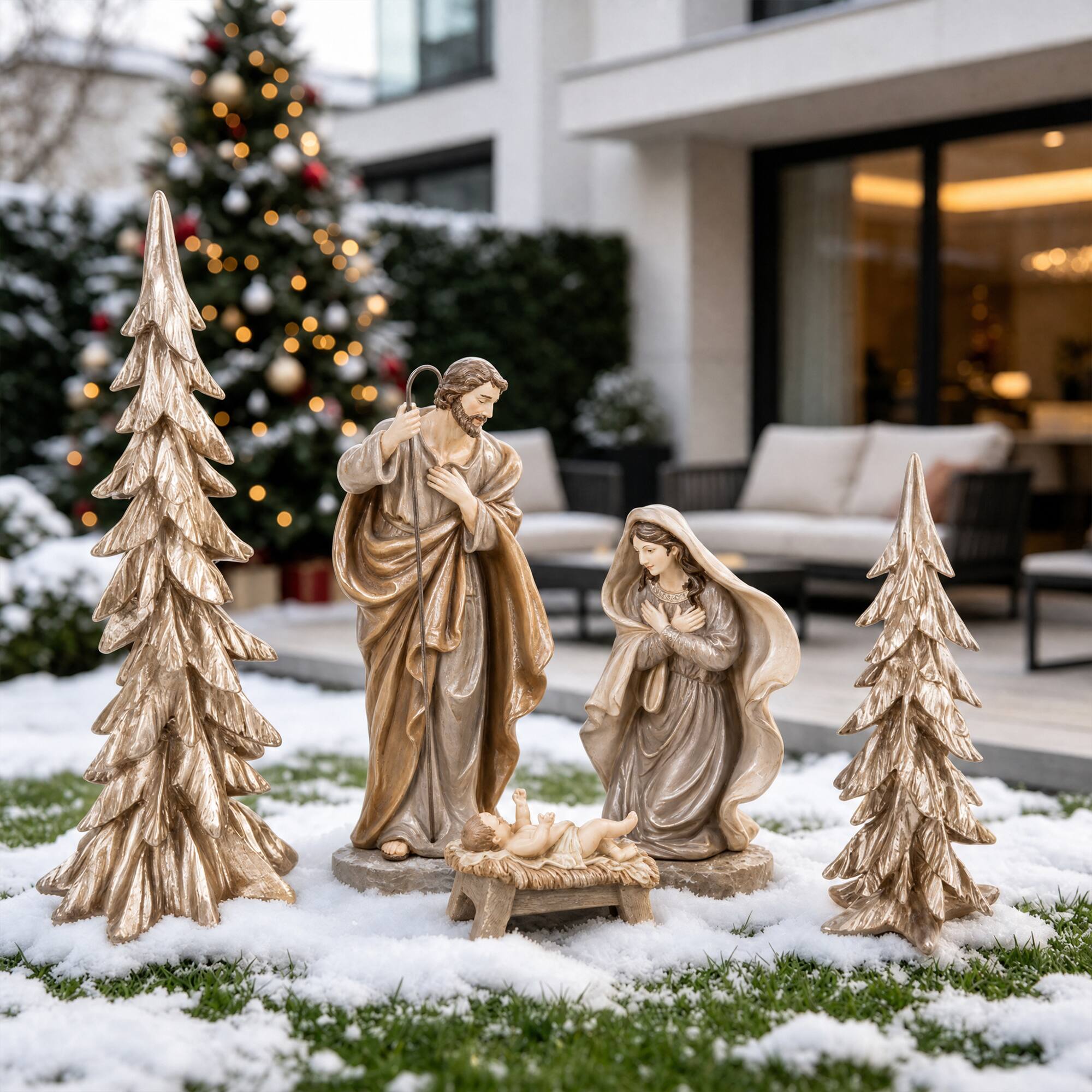 Front. Glitzhome - S/5 Resin Holy Family with Christmas Trees - Brown.