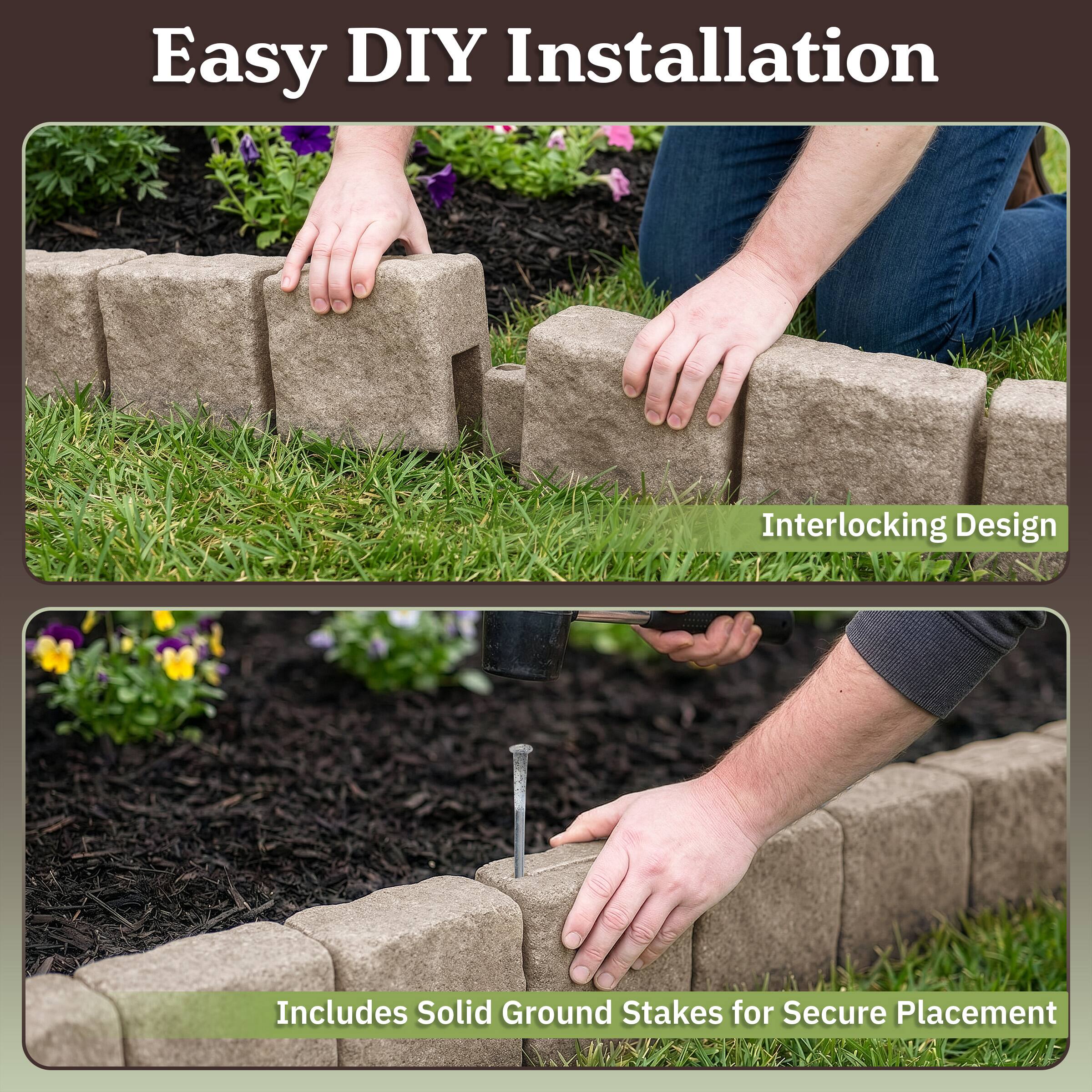Easy DIY Installation  
Interlocking Design  
Includes Solid Ground Stakes for Secure Placement
