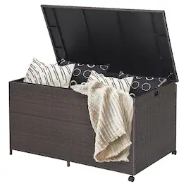 Costway - 133 Gallon Patio Rattan Storage Deck Box Container Wheel Handle W/Liner - Mix Brown