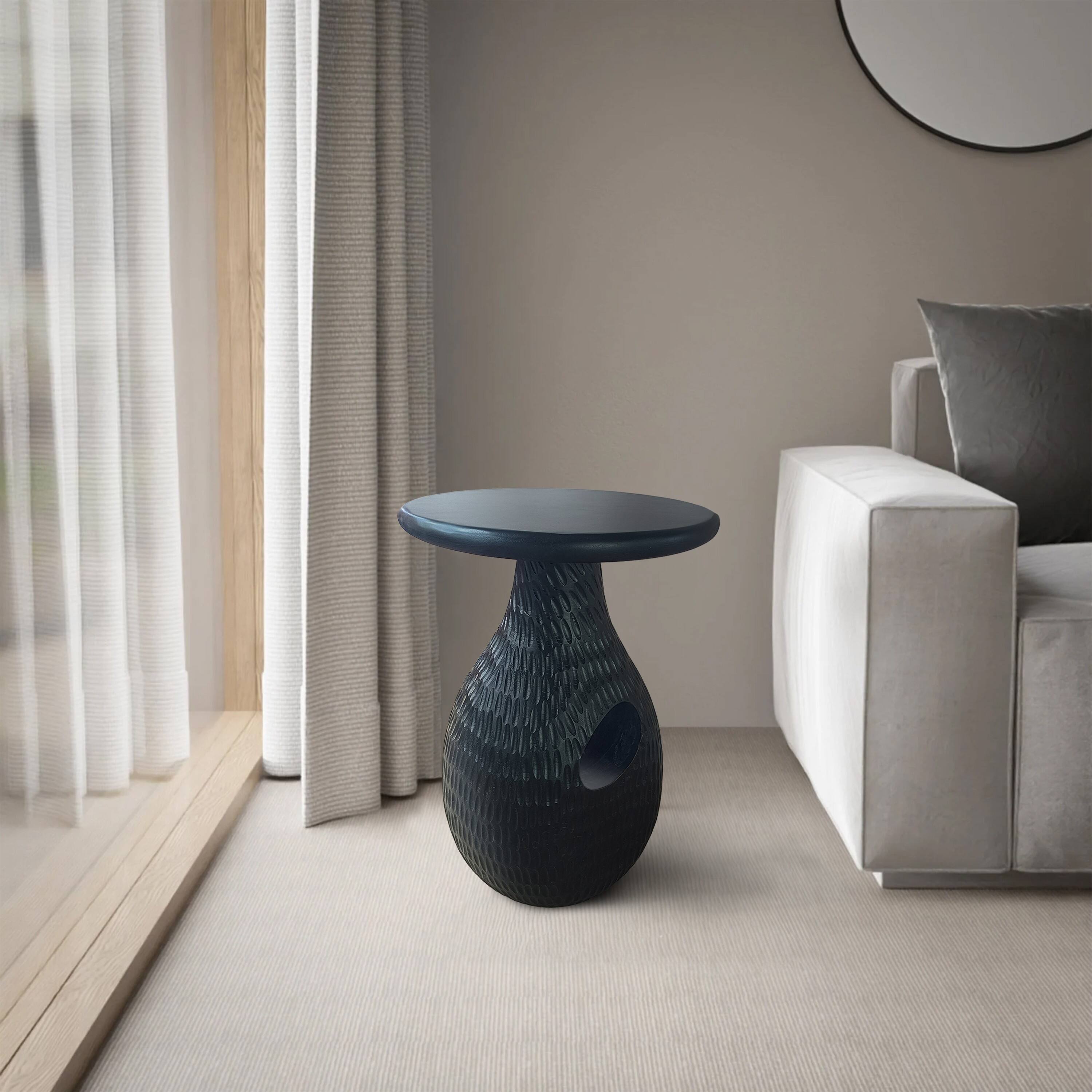 Alt View 10. Manhattan Lane - 14 Inch Side End Table, Artisan Handcrafted Mango Wood, Embossed Teardrop Shaped Base - Black.