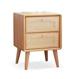 Loheer - Solid Oak Nightstand Wood Bedside Cabinet with Rattan Drawer Fronts - Natural