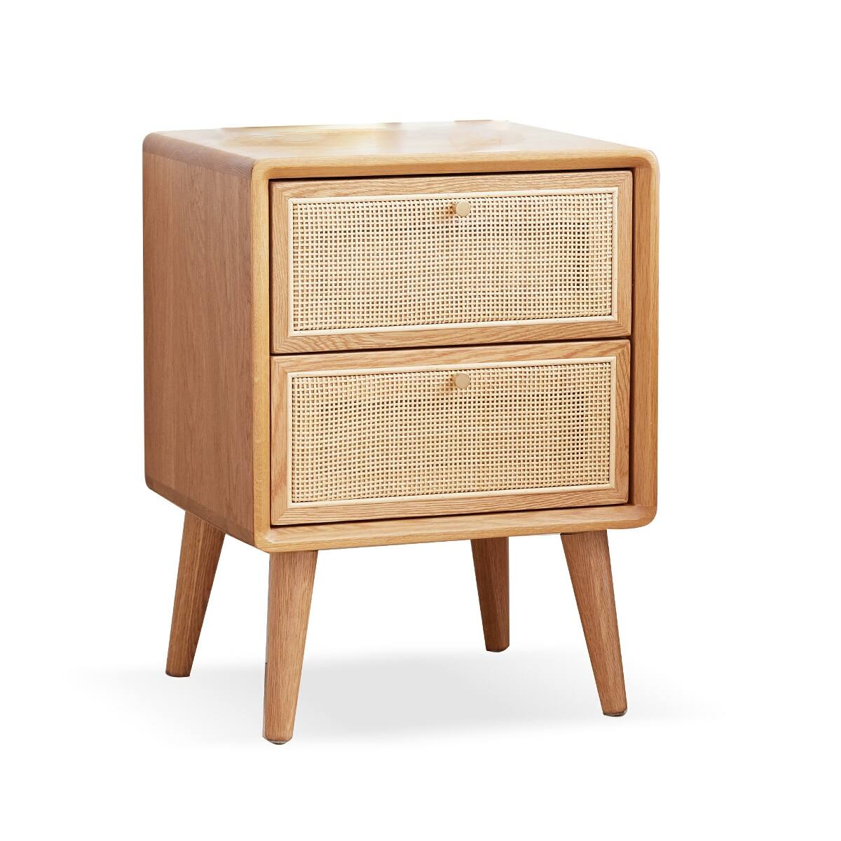 Front. Loheer - Loheer Solid Oak Nightstand Natural Wood Bedside Cabinet with Rattan Drawer Fronts - Natural.