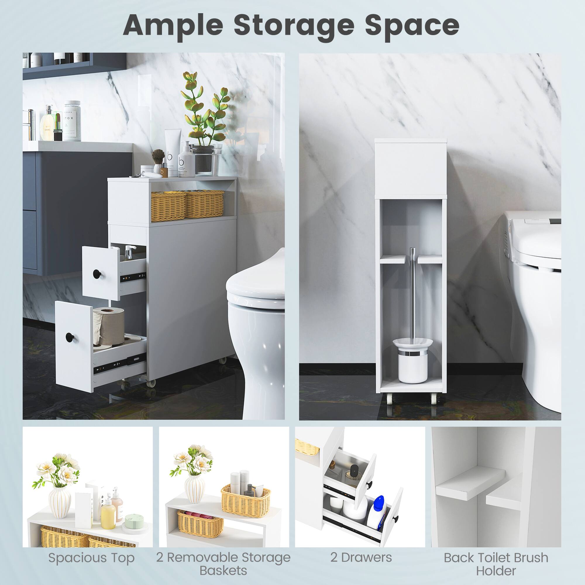 Ample Storage Space: Spacious Top 2 Removable Storage Baskets 2 Drawers Back Toilet Brush Holder