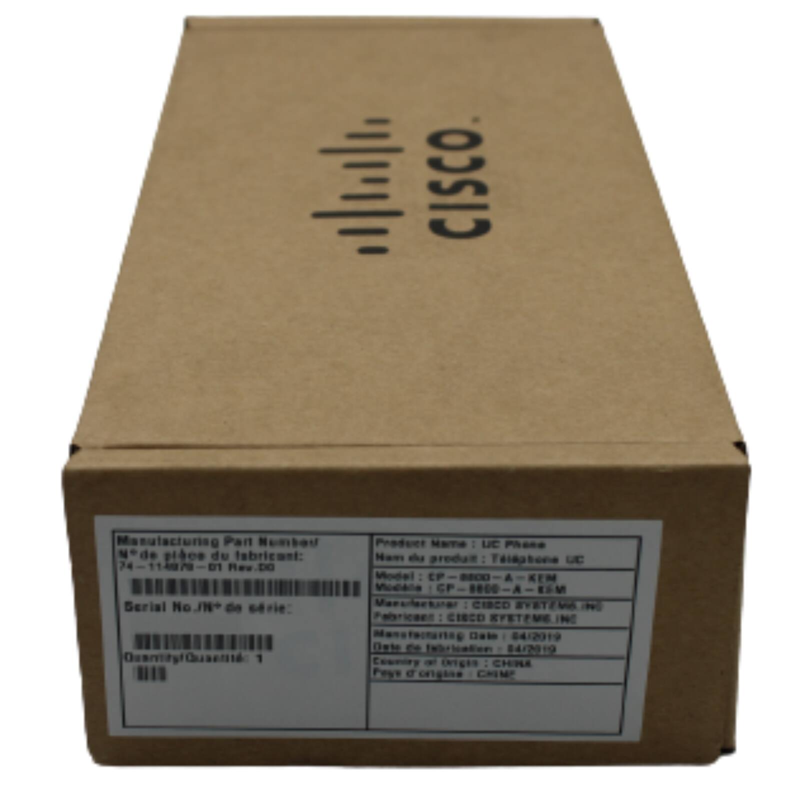 CISCO

Manufacturing Part Number  
M* de pièce du fabricant: 74-11-4078-01 Rev. DO

Serial No TN+ de série:  
Quantity: 1

Product Name: UC Phone  
Nom du produit: Téléphone UC

Model: CP-8800-A-K9M  
Modèle: CP-8800-A-K9M

Manufacturer: CISCO SYSTEMS INC  
Fabricant: CISCO SYSTEMS INC

Manufacturing Date: 04/2019  
Date de fabrication: 04/2019

Country of Origin: CHINA  
Pays d'origine: CHINE