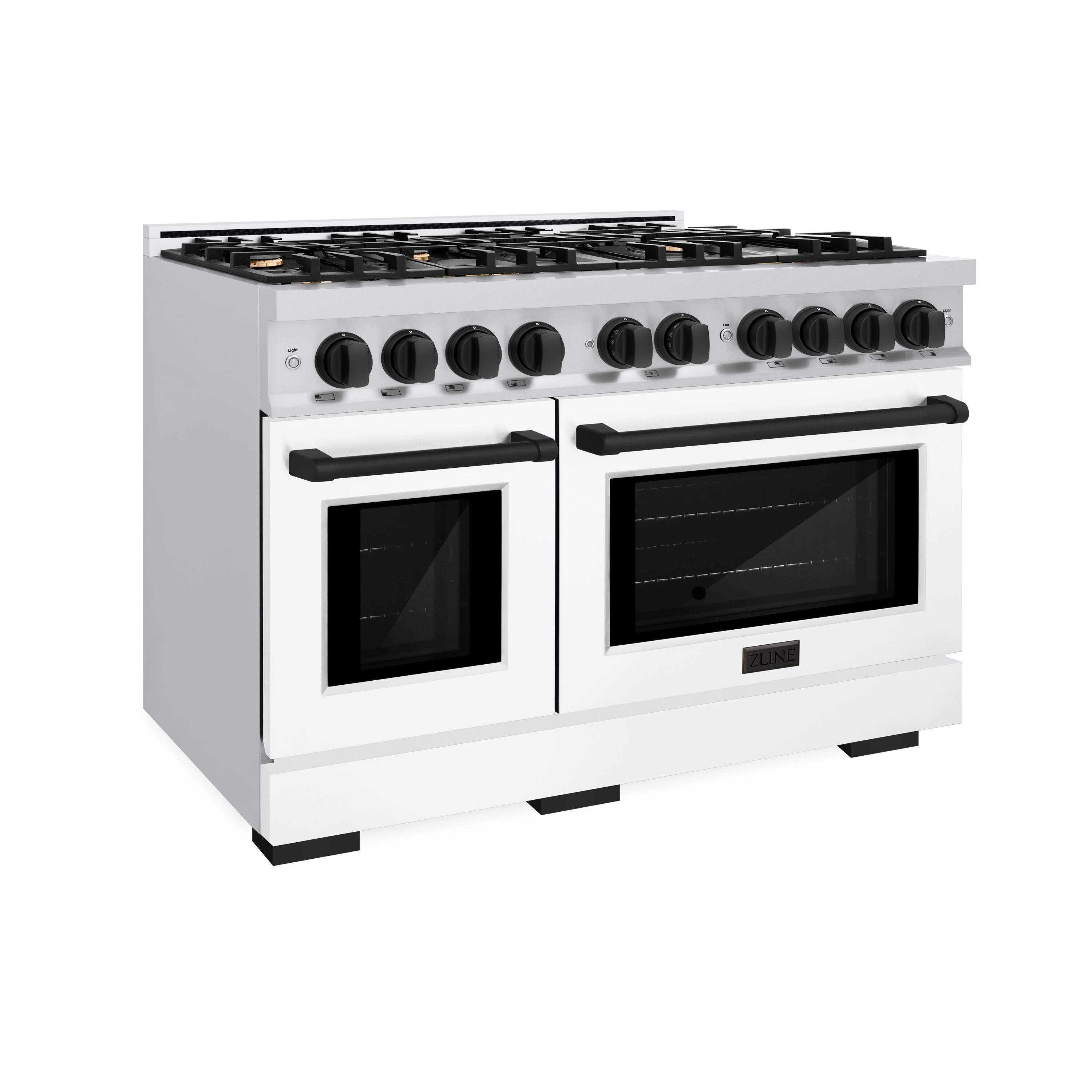 Angle. ZLINE - ZLINE Autograph 48" Freestanding Select Gas Range w/ 8 Burners & White Doors w/ Black Accents (HGRZ-WM-48-MB) - Stainless Steel.