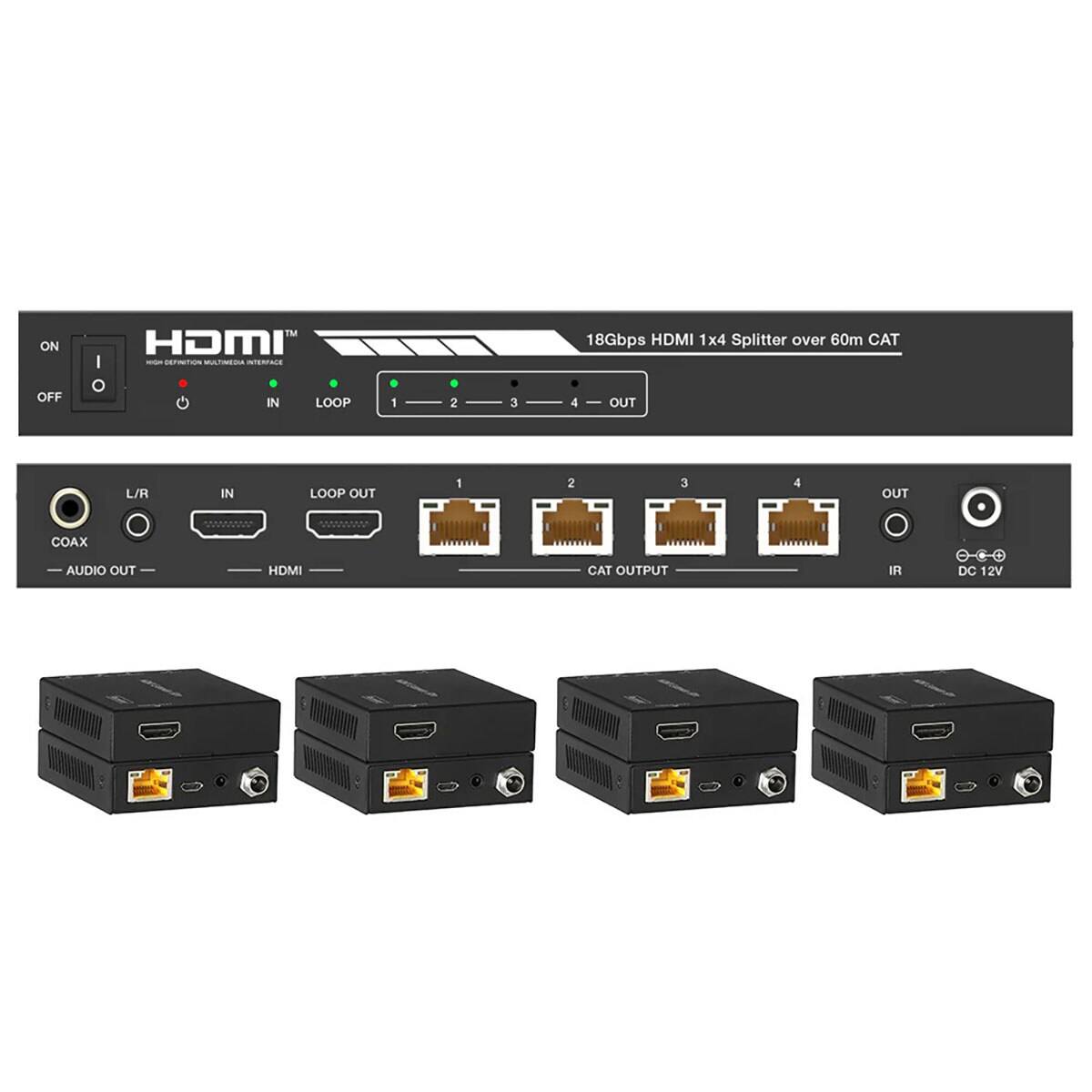 ON OFF  
HDMI™ HIGH DEFINITION MULTIMEDIA INTERFACE  
1 2 3  
18Gbps HDMI 1x4 Splitter over 60m CAT  
L/R  
IN  
LOOP OUT  
1 2 3 4  
OUT  
COAX  
AUDIO OUT  
HDMI  
CAT OUTPUT  
IR  
DC 12V