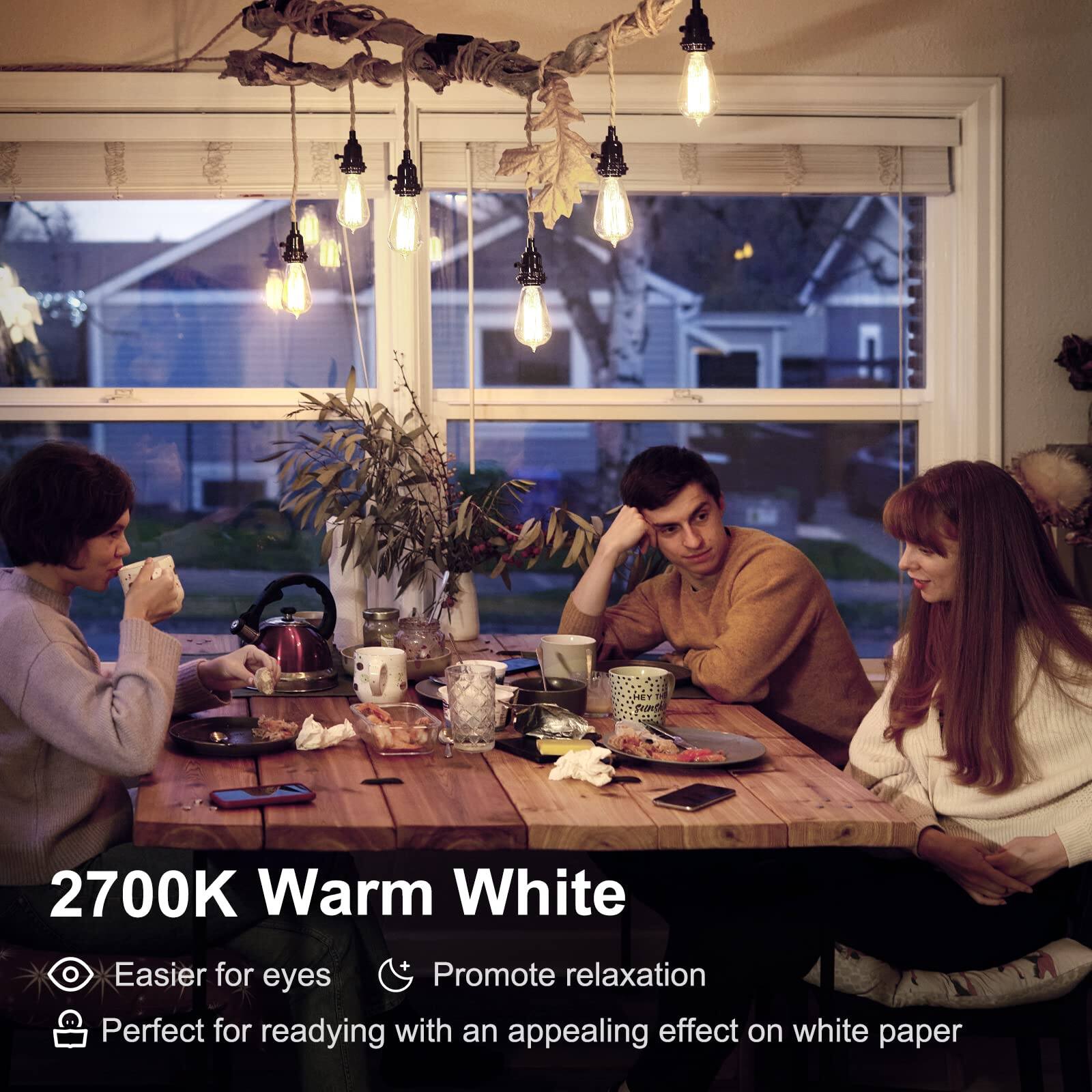 2700K Warm White  
Easier for eyes  
Promote relaxation  
Perfect for reading with an appealing effect on white paper