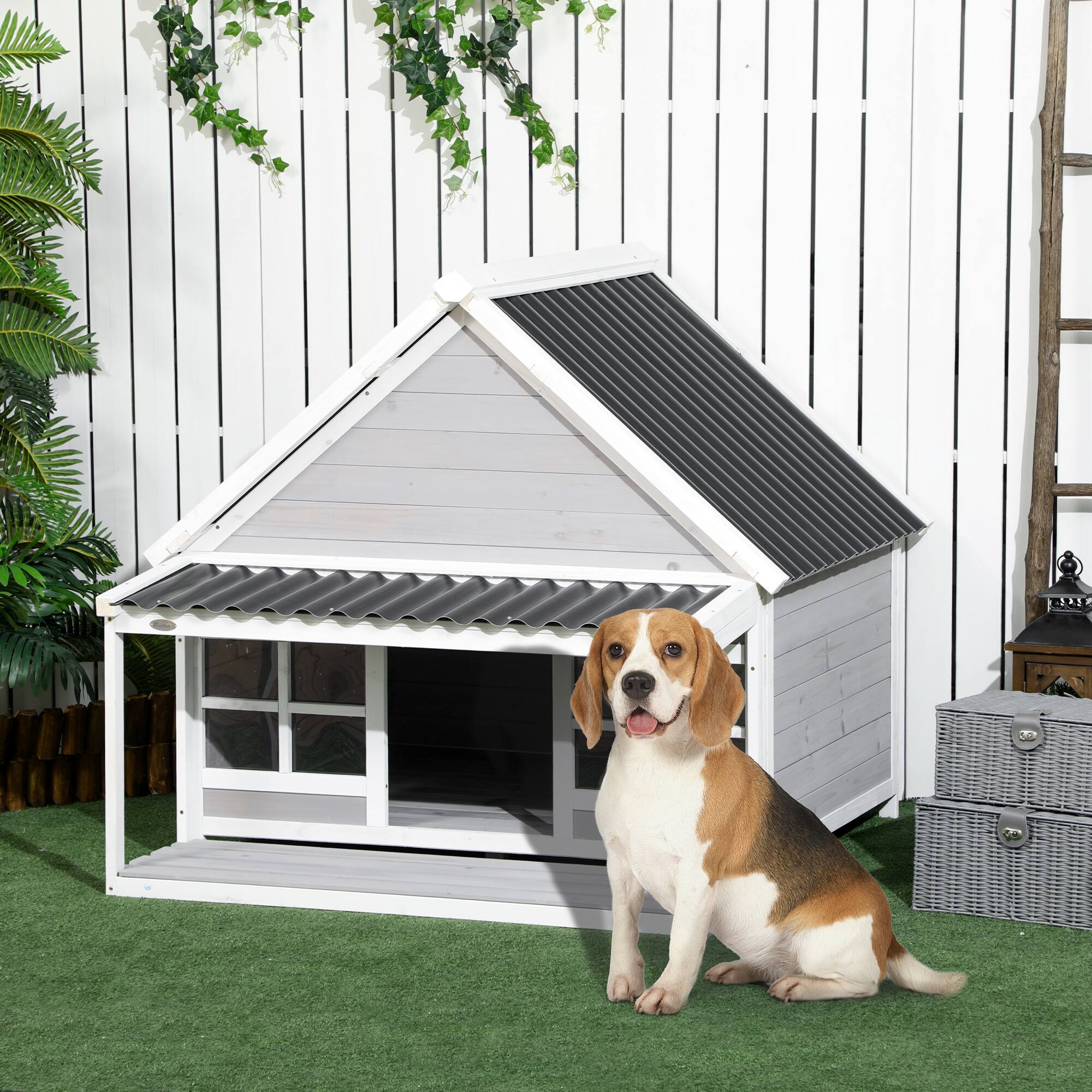 Alt View 1. Pawhut - Dog House with Porch, Dog House Outdoor with Tilt Roof, Front Door - Light Gray.