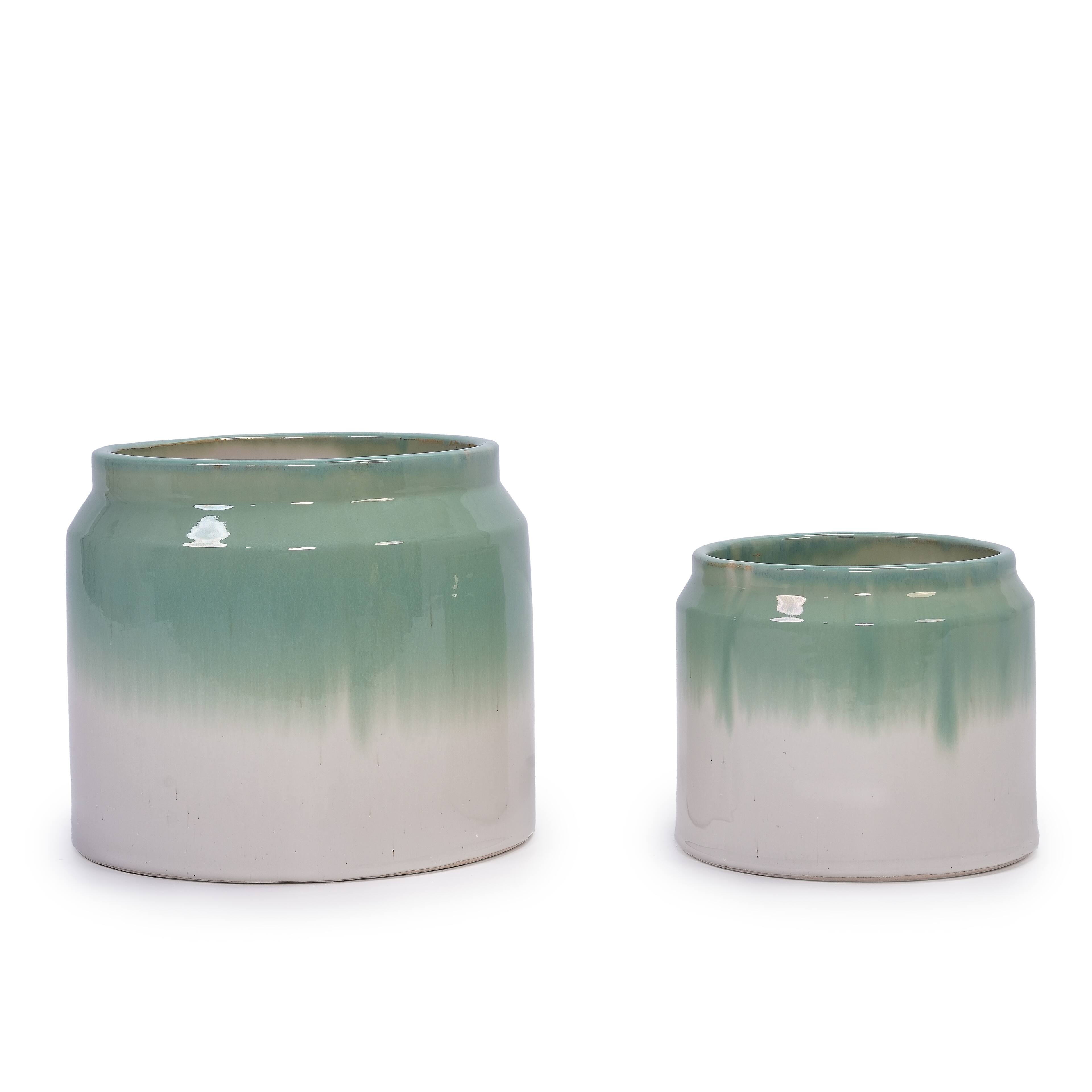 Left. Loheer - Loheer Ceramic Planter Set Handmade Set of Two Green White Ombre Shelf Tabletop Indoor Outdoor Pots.