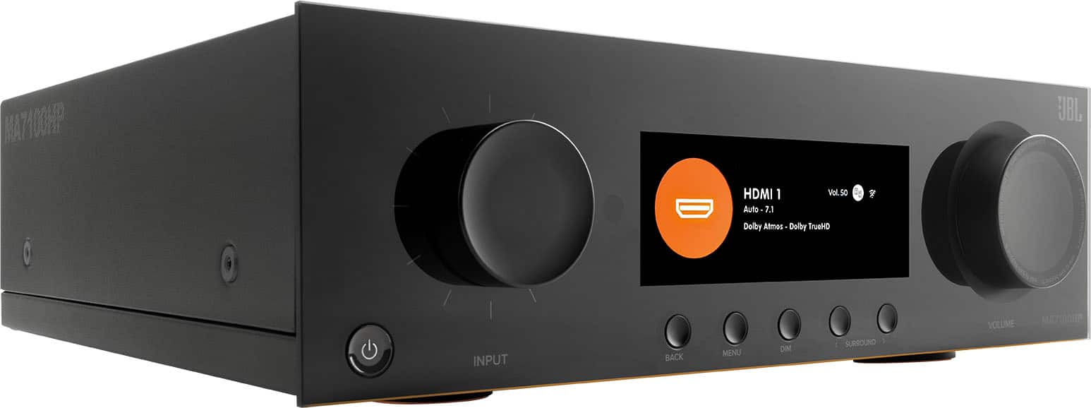 The text on the image reads: "MA7100HP UBL HDMI 1 Auto 7.1 Vol. S0 8 Dolby Atmos Dolby TrueHD VOLUME A7OOHP INPUT BACK MENU DIM SURROUND 3."