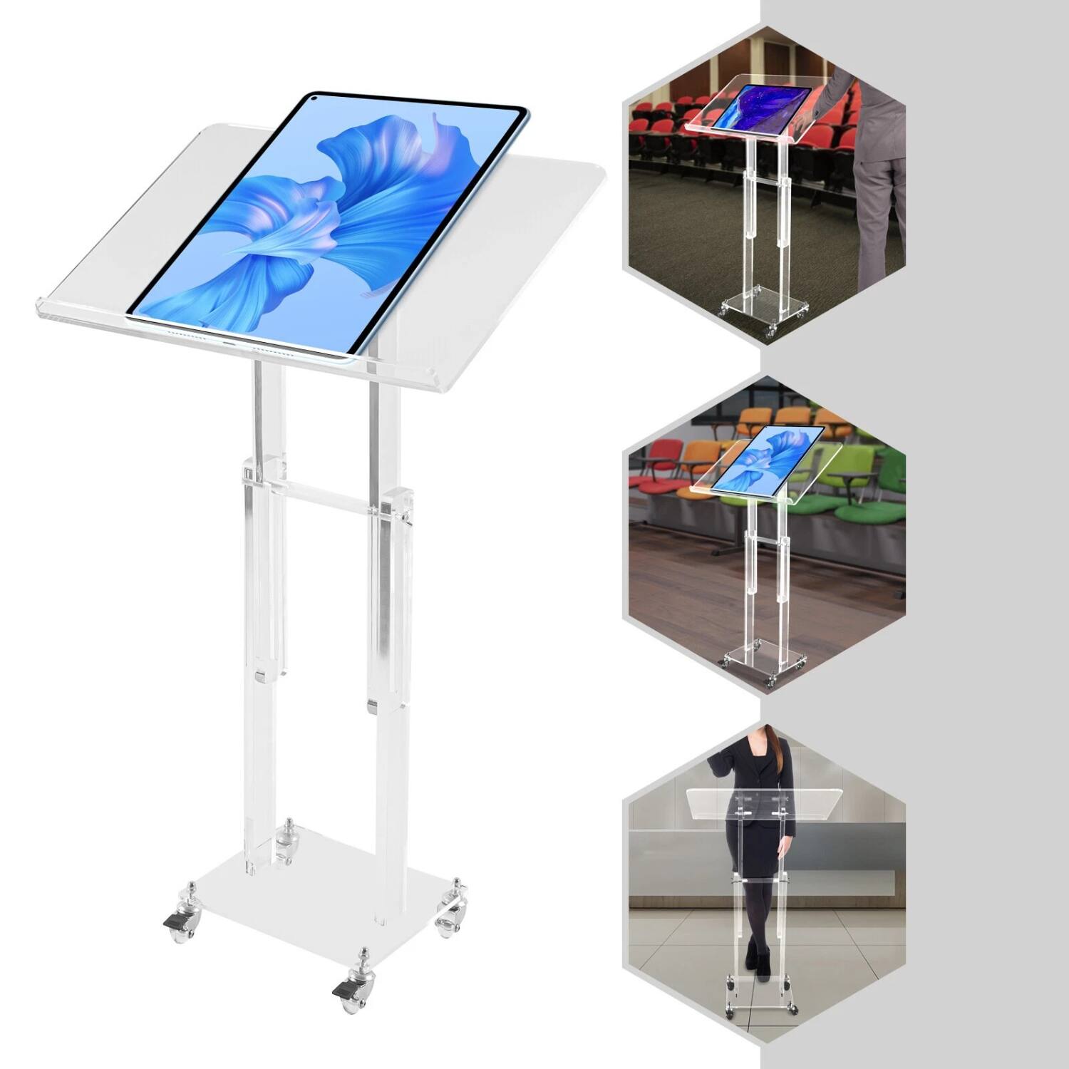 Back. Stock Preferred - Clear Acrylic Lectern with Adjustable Height & Tilt - White.