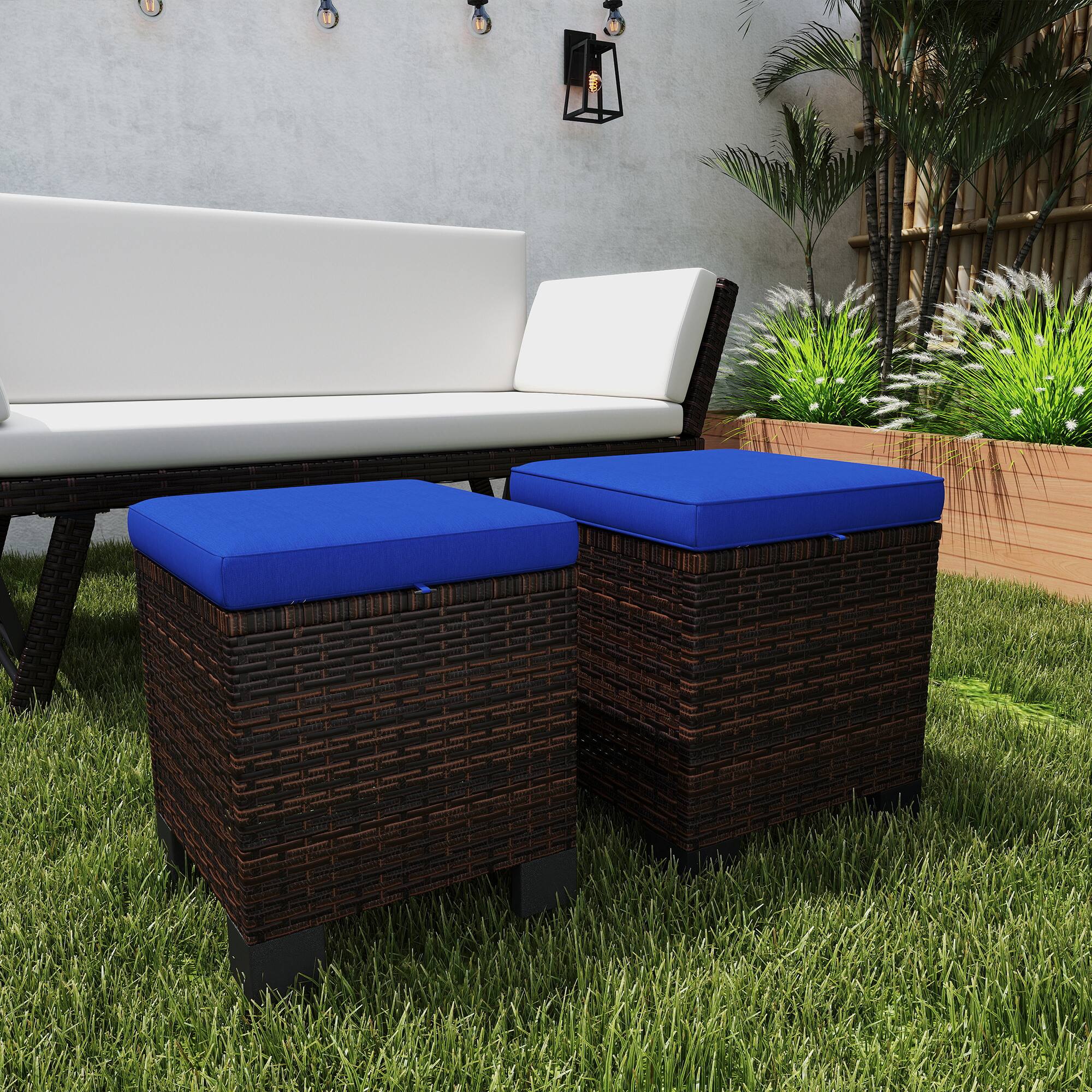 Alt View 1. Outsunny - 2 Pieces Outdoor Patio Ottomans, All Weather Wicker Outdoor Footstools with Removable Cushions - Dark Blue.