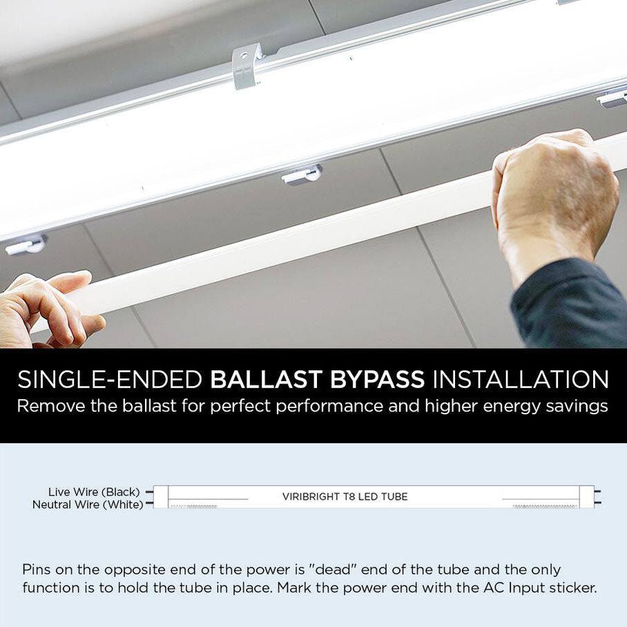 SINGLE-ENDED BALLAST BYPASS INSTALLATION
Remove the ballast for perfect performance and higher energy savings
Live Wire (Black)
Neutral Wire (White)
VIRIBRIGHT T8 LED TUBE
Pins on the opposite end of the power is "dead" end of the tube and the only function is to hold the tube in place. Mark the power end with the AC Input sticker.