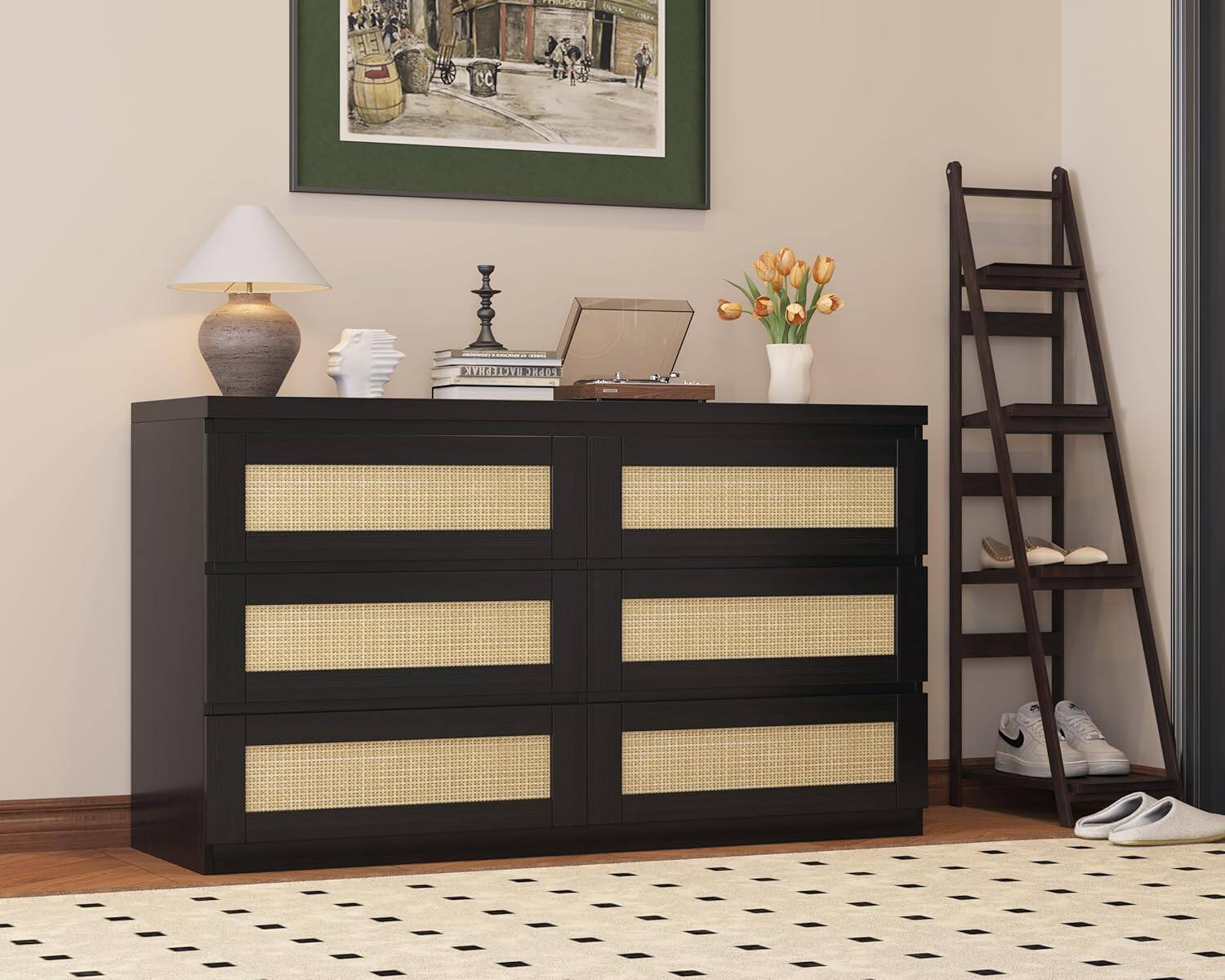 Alt View 2. GARVEE - Rattan Dresser for Bedroom with 6 Drawers, 47" Modern Farmhouse Wide Chest of Drawers, Wood Storage Cabinet Organizer - ‎Black.
