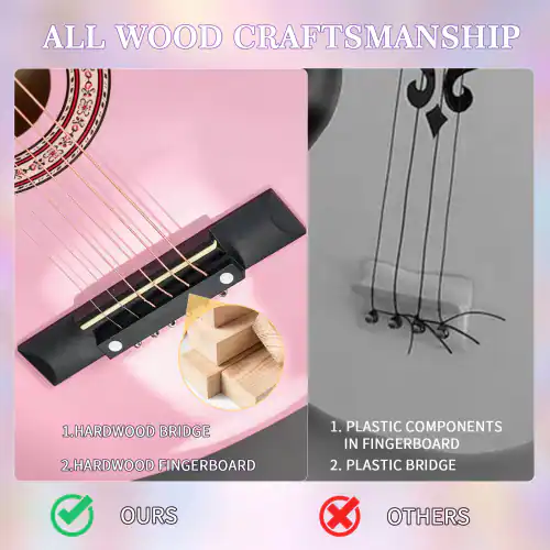 ALL WOOD CRAFTSMANSHIP

1. HARDWOOD BRIDGE
2. HARDWOOD FINGERBOARD

1. PLASTIC COMPONENTS IN FINGERBOARD
2. PLASTIC BRIDGE

OURS
OTHERS