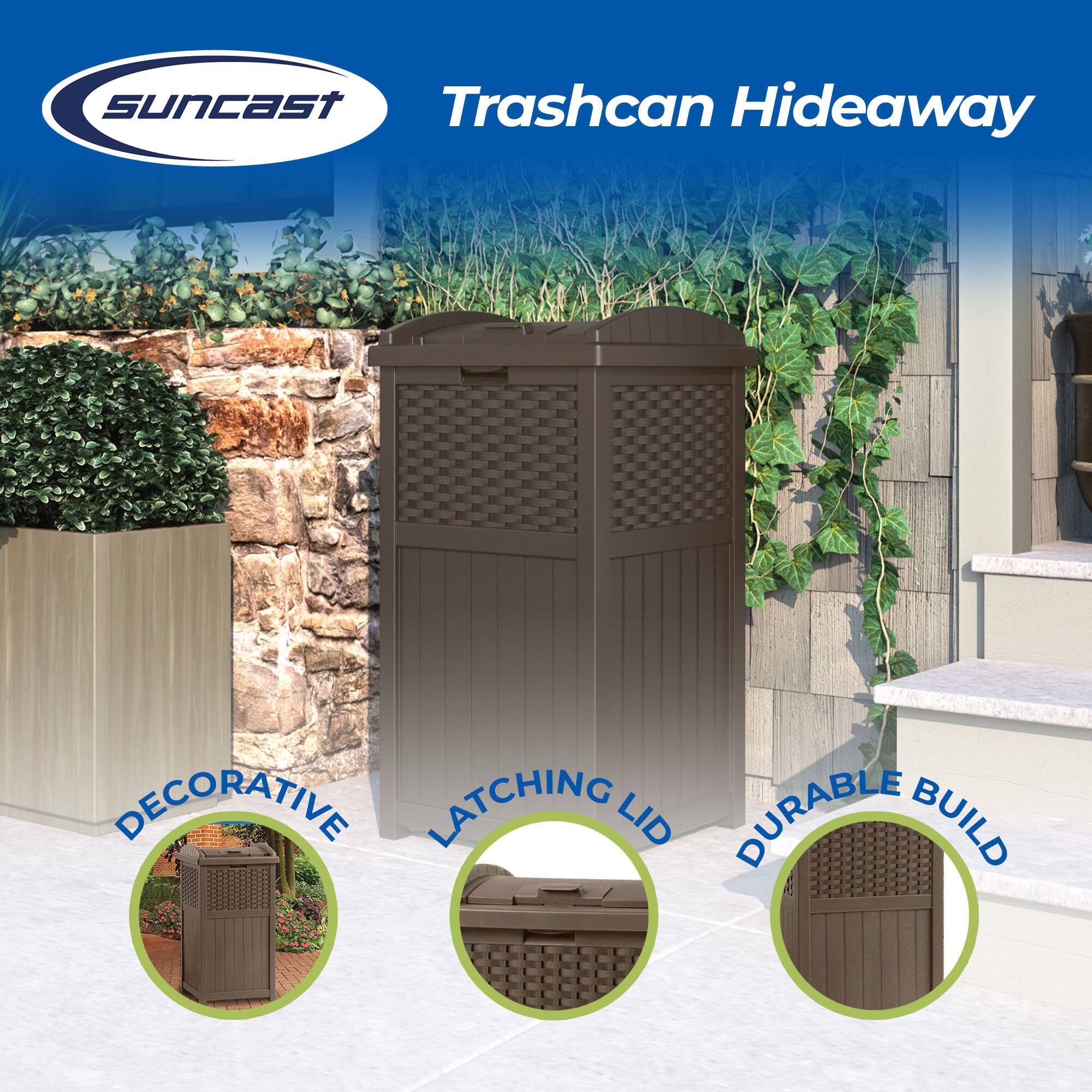 Suncast Trashcan Hideaway  
Decorative Latching Lid Durable Build