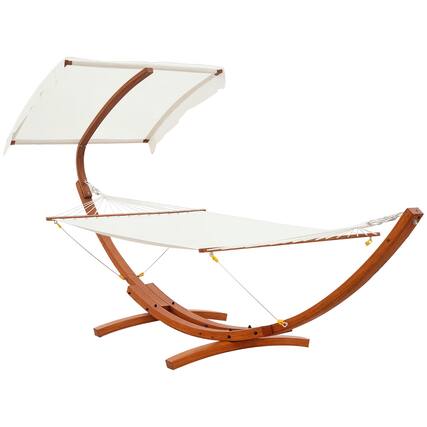 Front. Outsunny - Outdoor Hammock with Stand & Accessories, Heavy Duty Wooden Frame, Sun Shade Visor Canopy - White, Teak.
