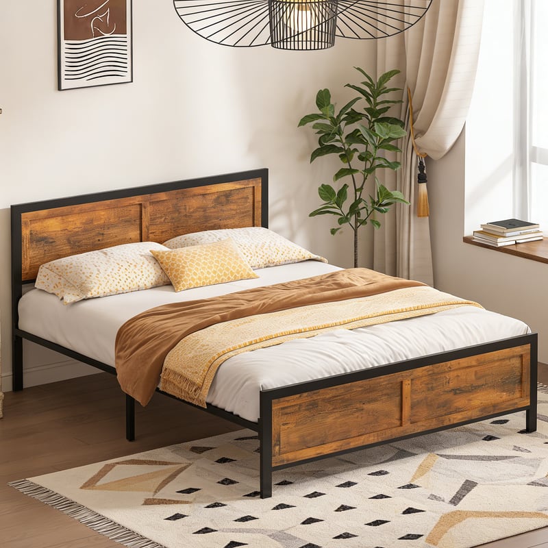 Dyonery - Metal Platform Bed Frame with Wooden Headboard with Rivet, Large Under-Bed Storage, No Box Spring Needed, Easy Assembly - Brown