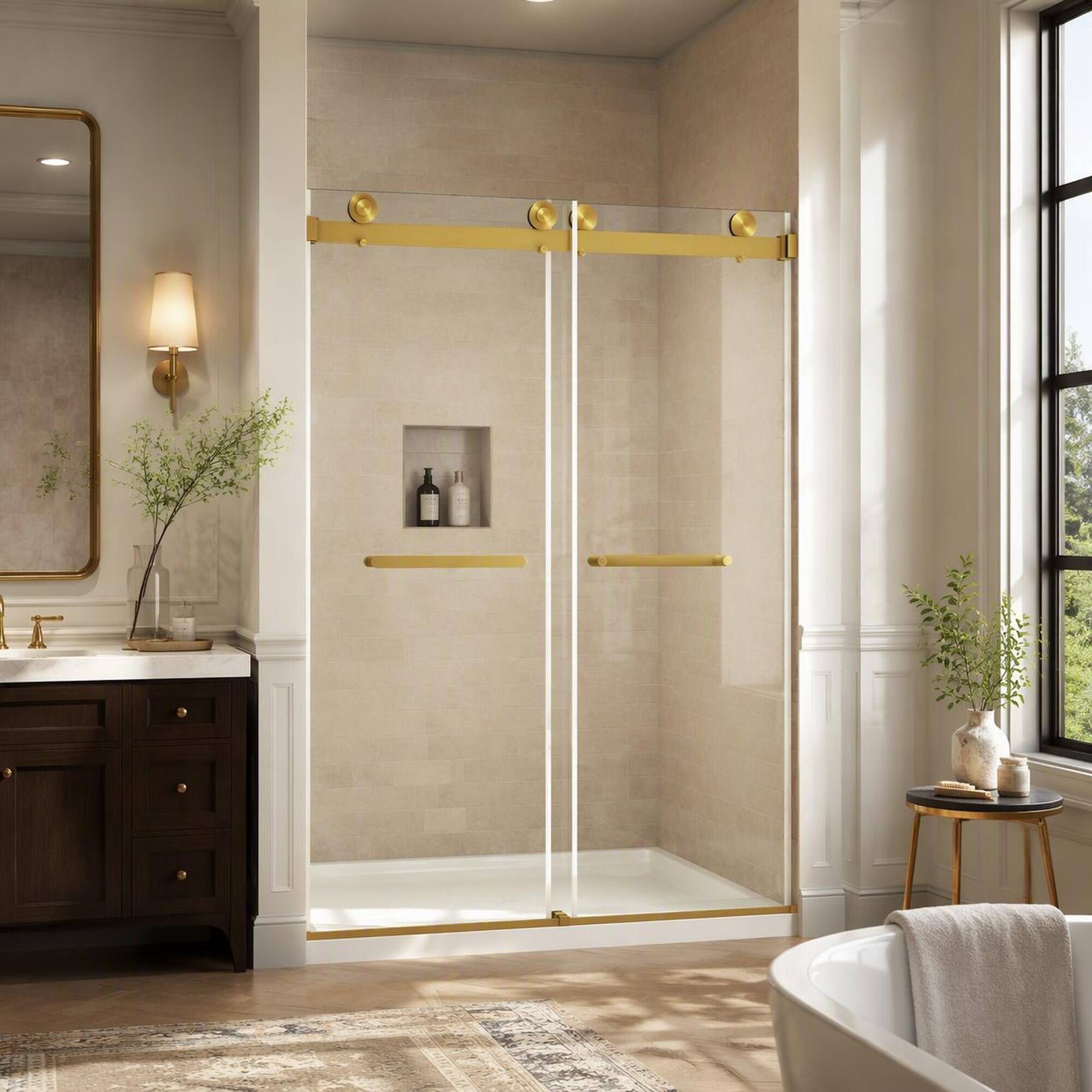 Angle. RYHNUYNE - Frameless Double Sliding Shower Door 44-48" W X 74" H With 5/16" Tempered Glass, Brushed Gold Hardware - Brushed Gold.