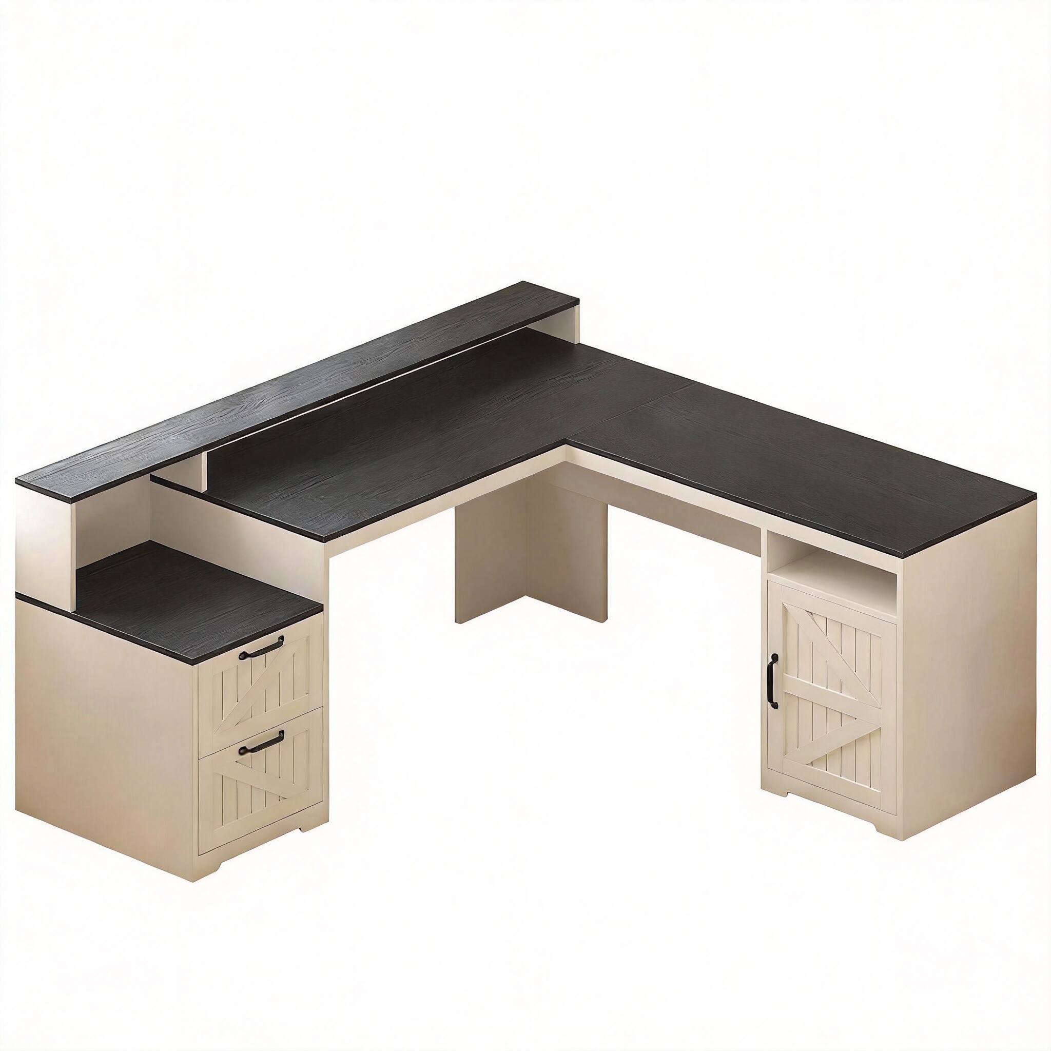 Front. Frangdom - 63" Farmhouse L-Shaped Desk with Drawers Storage Shelf Power Outlets - Black and White.